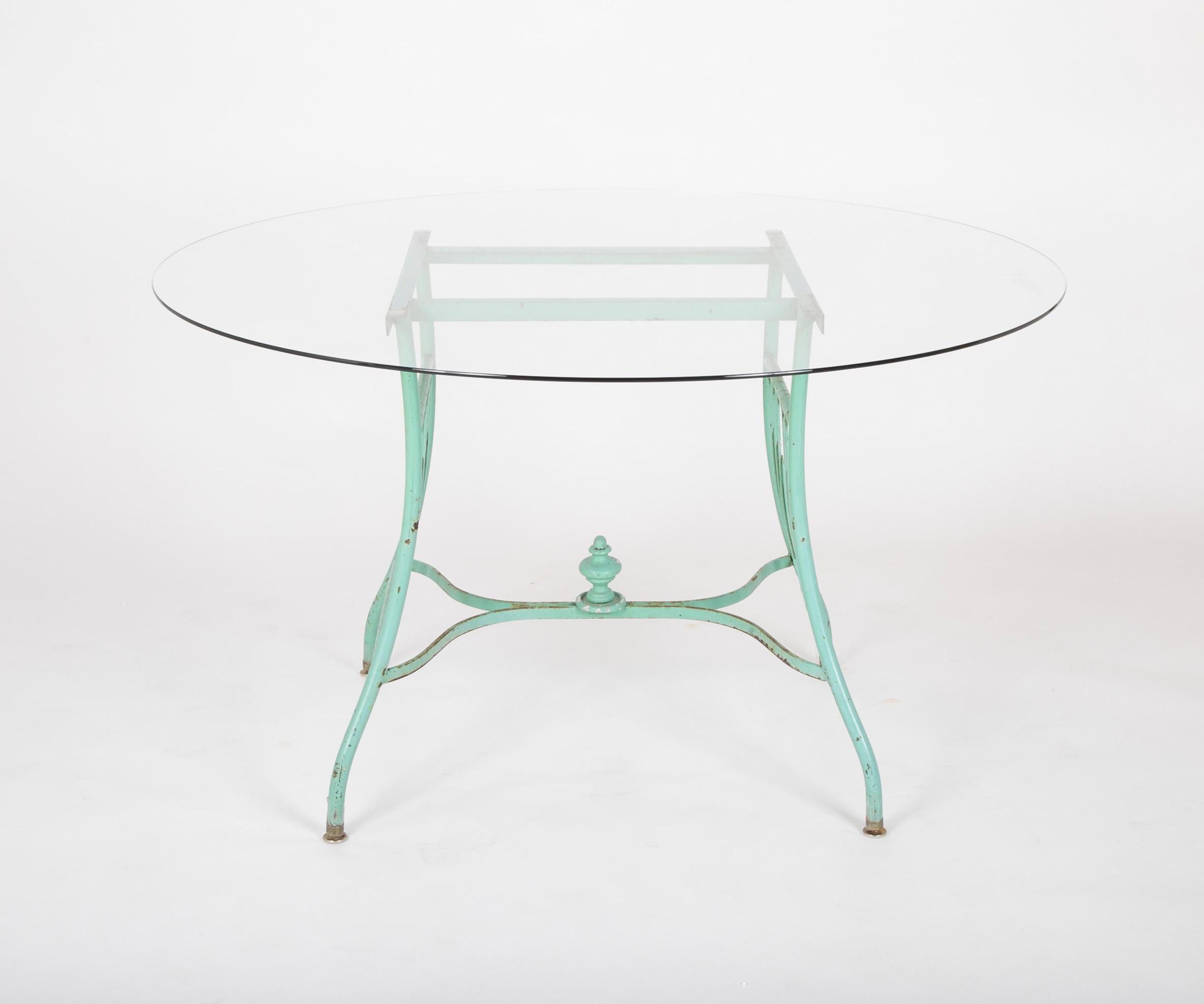 Painted 19th Century French Iron Glass Top Dining Table with Four Matching Chairs
