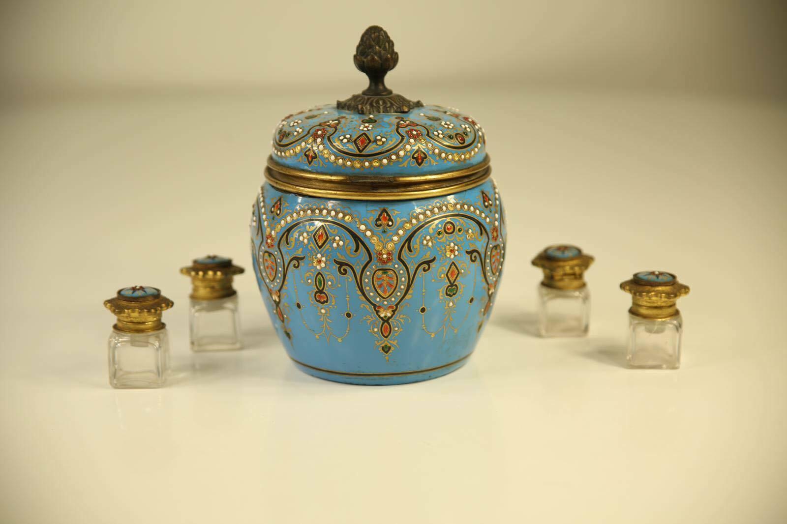 Edwardian French Jeweled Turquoise Enamel Jar Scent Bottles Perfume, 19th Century  For Sale