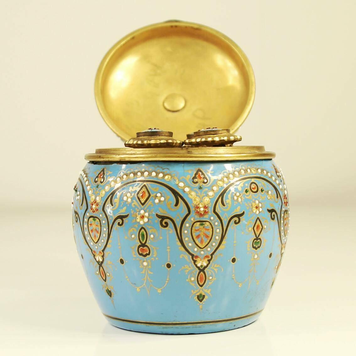 Ceramic French Jeweled Turquoise Enamel Jar Scent Bottles Perfume, 19th Century  For Sale