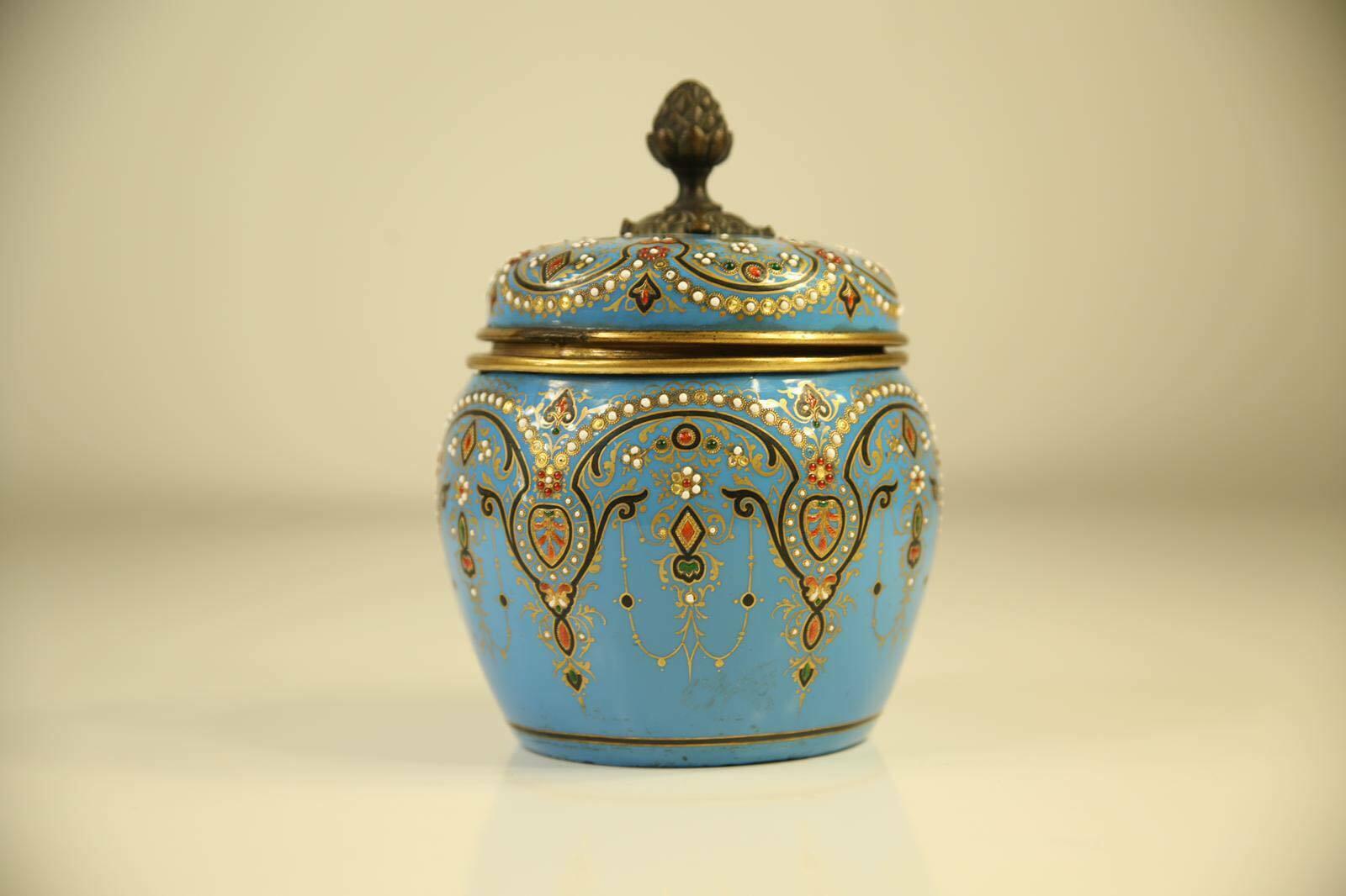 French Jeweled Turquoise Enamel Jar Scent Bottles Perfume, 19th Century  For Sale 2