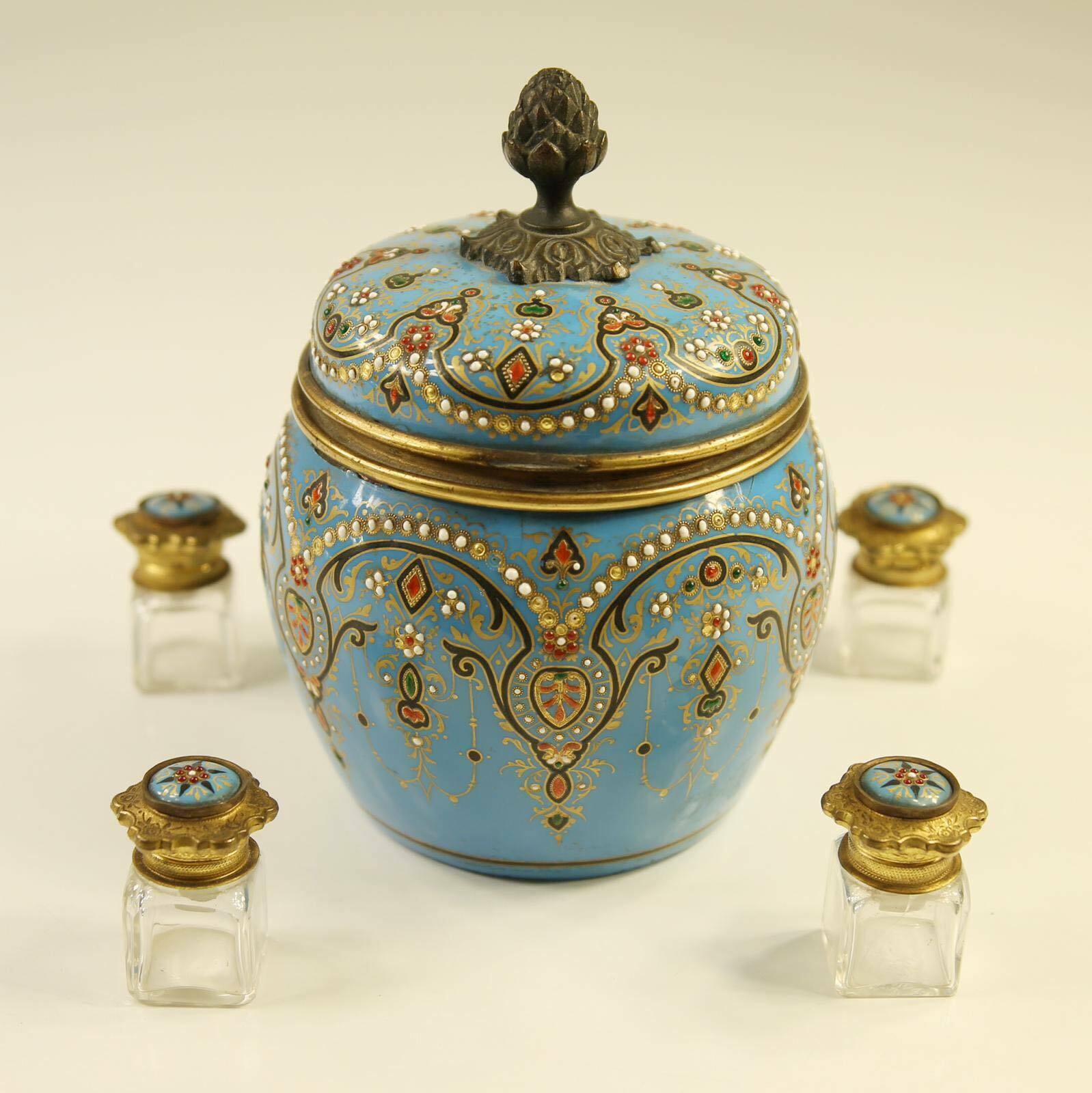 French Jeweled Turquoise Enamel Jar Scent Bottles Perfume, 19th Century  For Sale 3