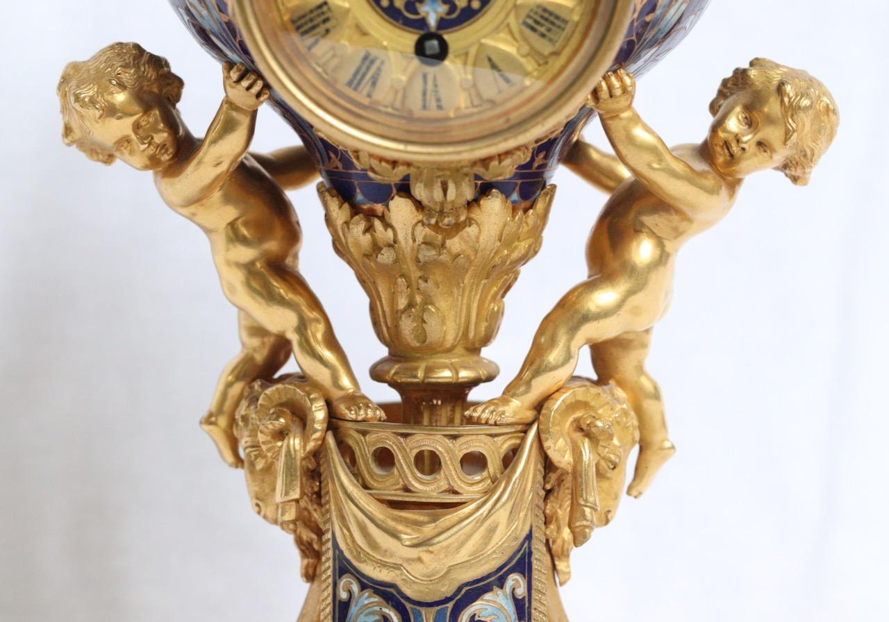 19th Century French Ormolu and Cloisonné Enamel Three-Piece Clock Garniture 1