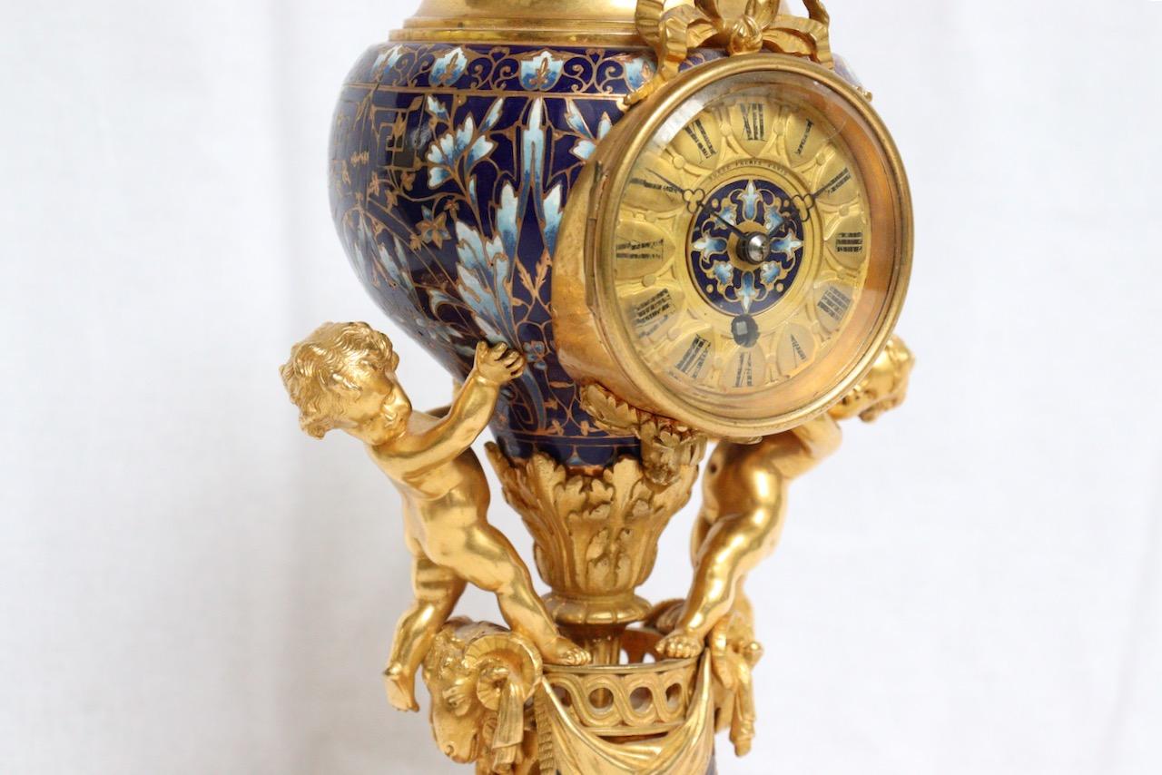 19th Century French Ormolu and Cloisonné Enamel Three-Piece Clock Garniture 2