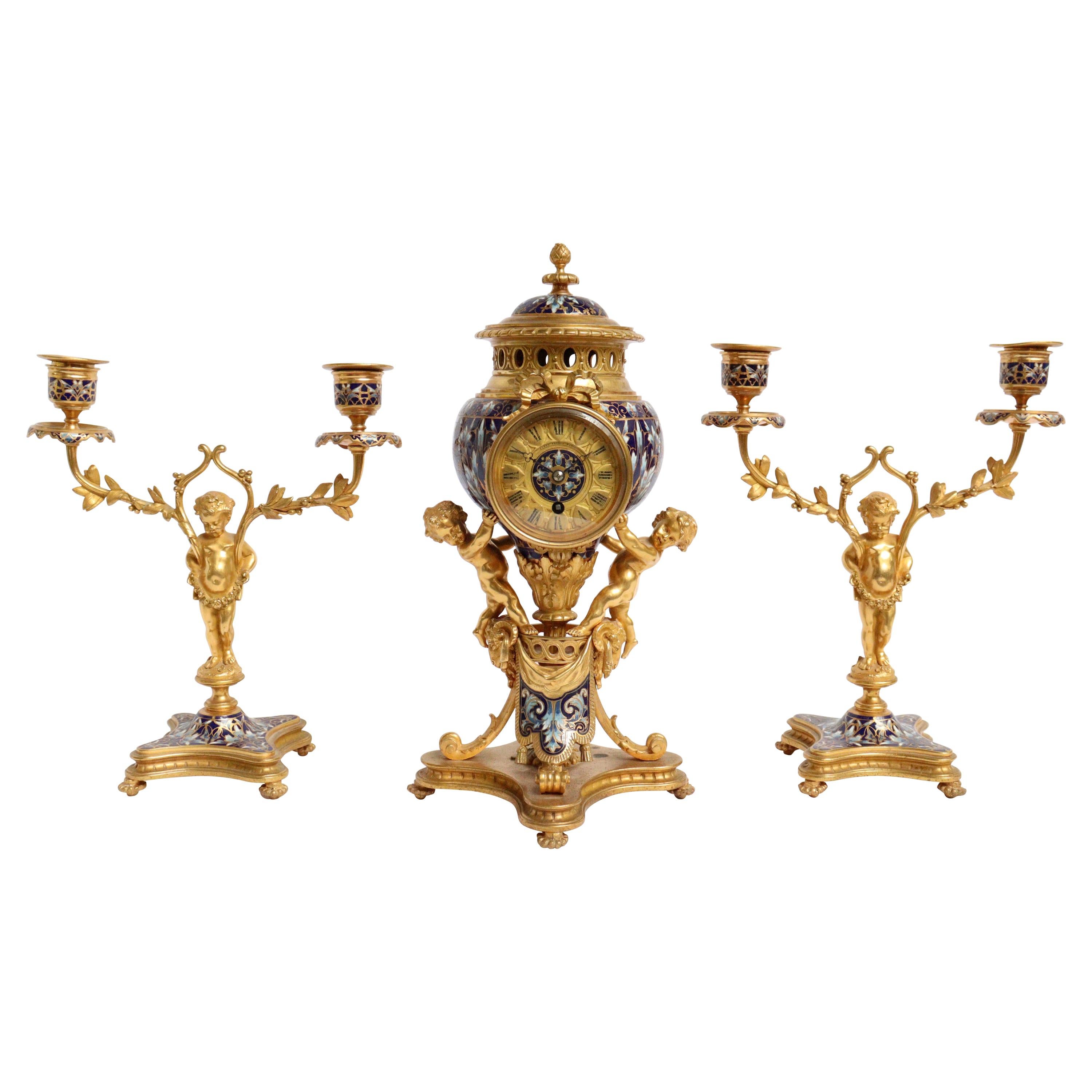 19th Century French Ormolu and Cloisonné Enamel Three-Piece Clock Garniture