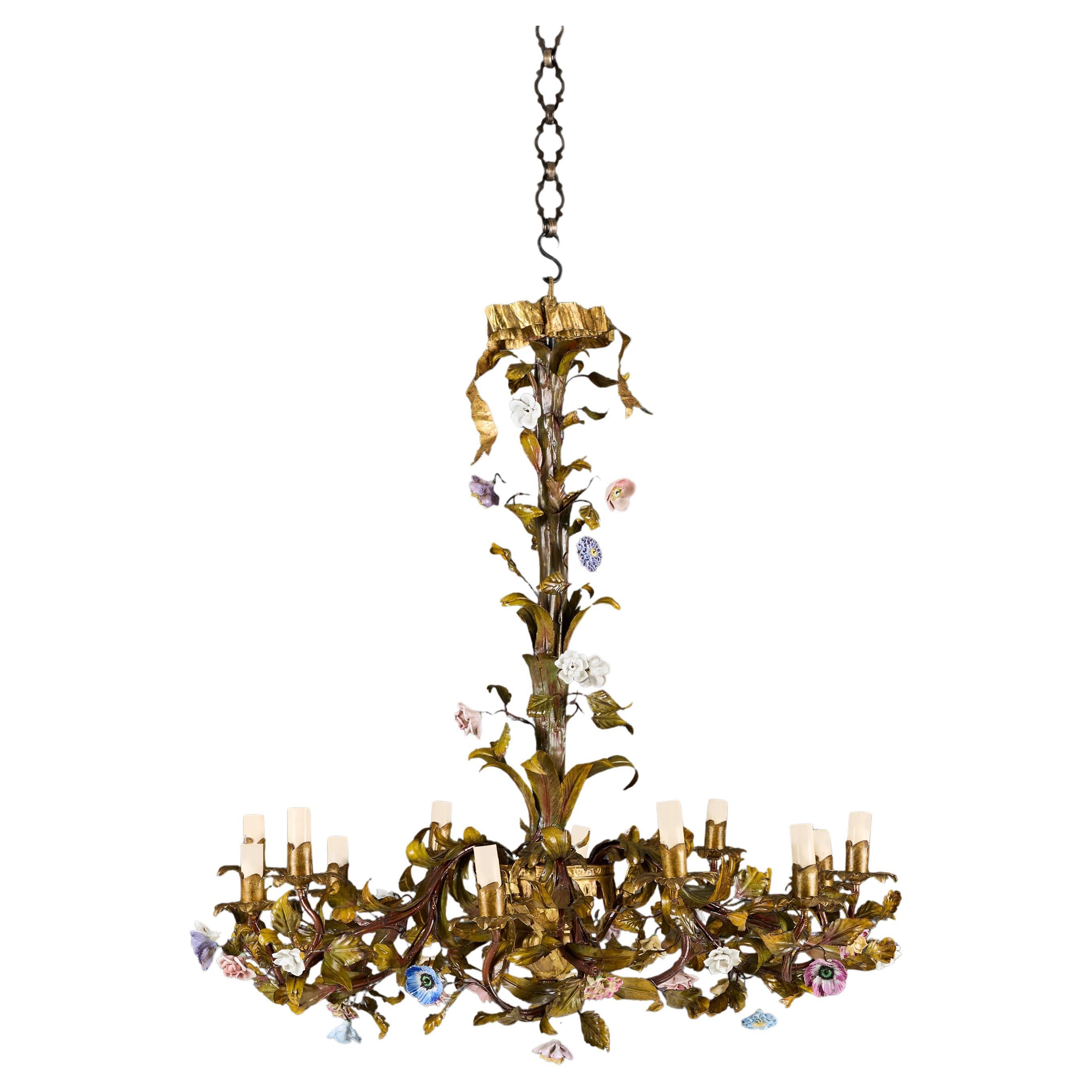A 19th Century French Painted Tole Chandelier with Porcelain Flowers