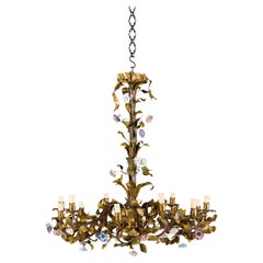 A 19th Century French Painted Tole Chandelier with Porcelain Flowers