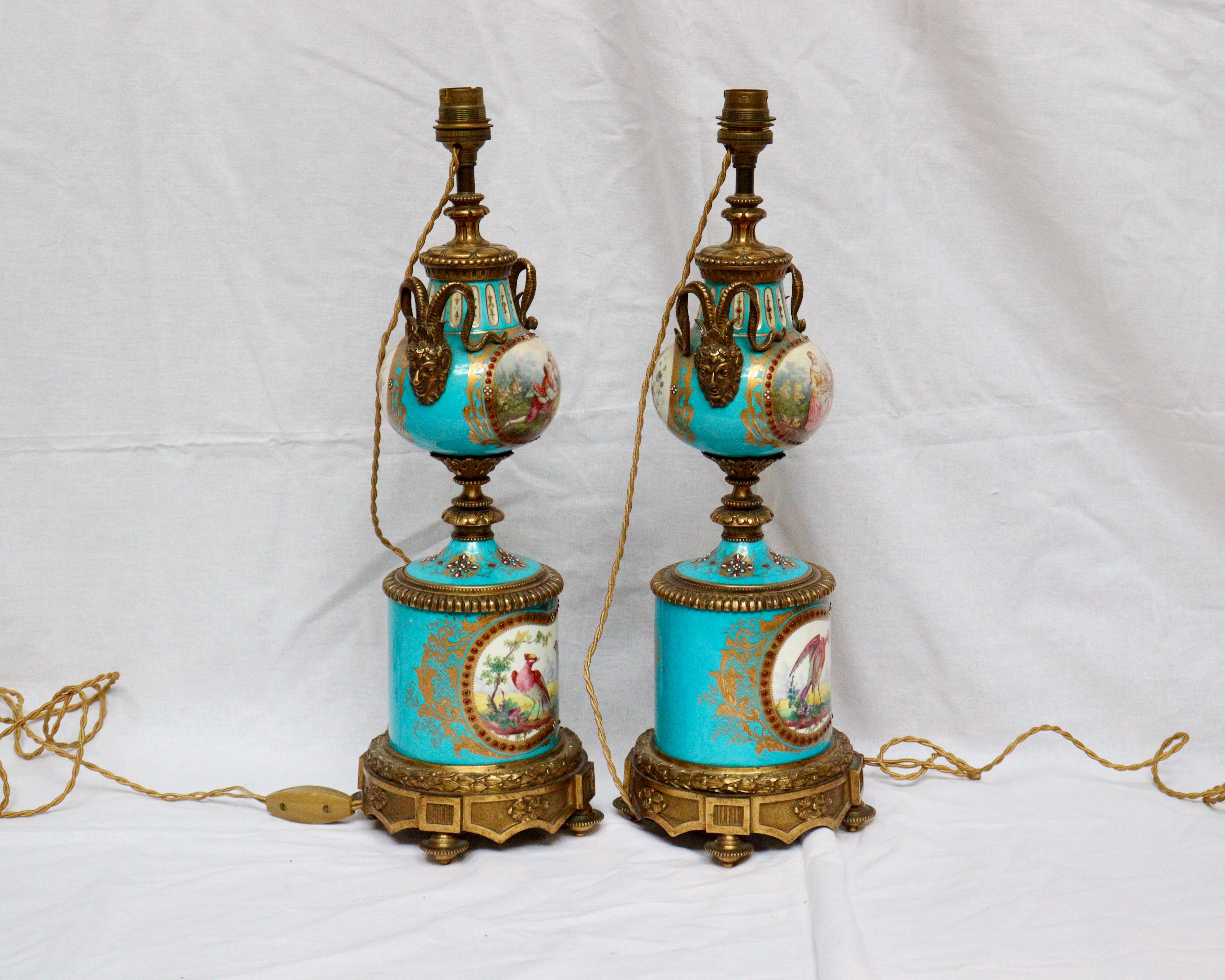 Hand-Painted 19th Century French Pair of Celeste Blue Ground Sèvres Porcelain Vases