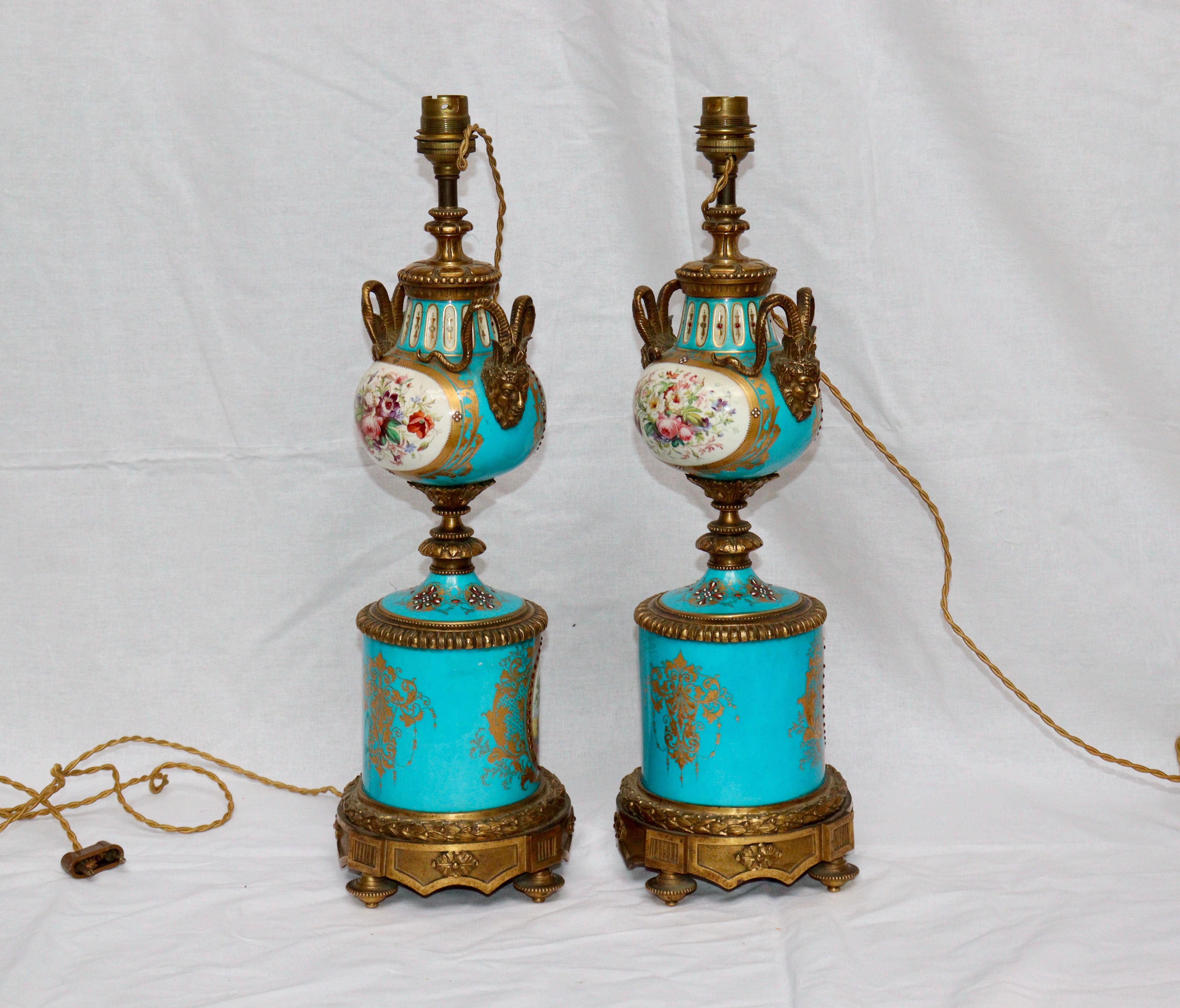 Late 19th Century 19th Century French Pair of Celeste Blue Ground Sèvres Porcelain Vases