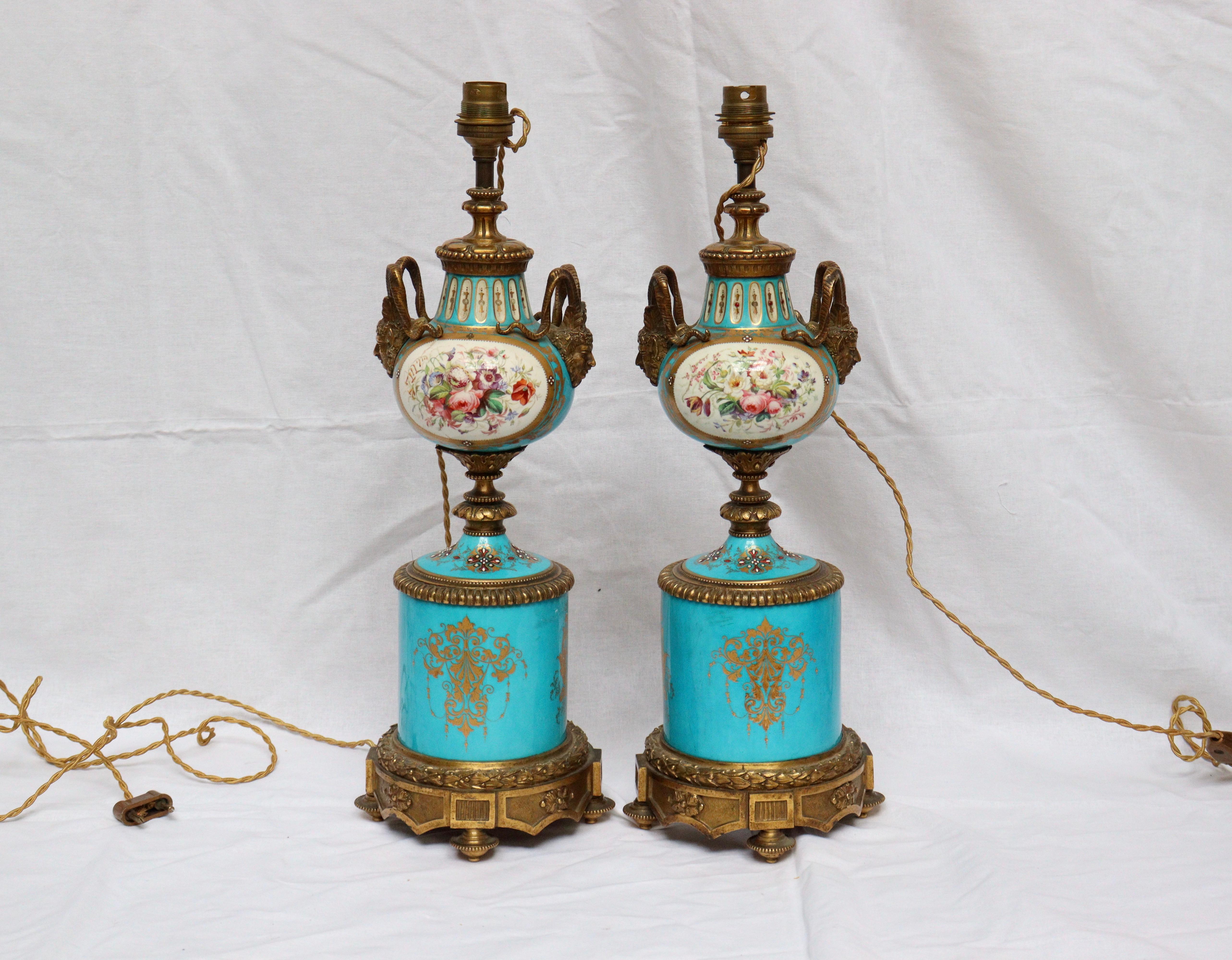 Ormolu 19th Century French Pair of Celeste Blue Ground Sèvres Porcelain Vases