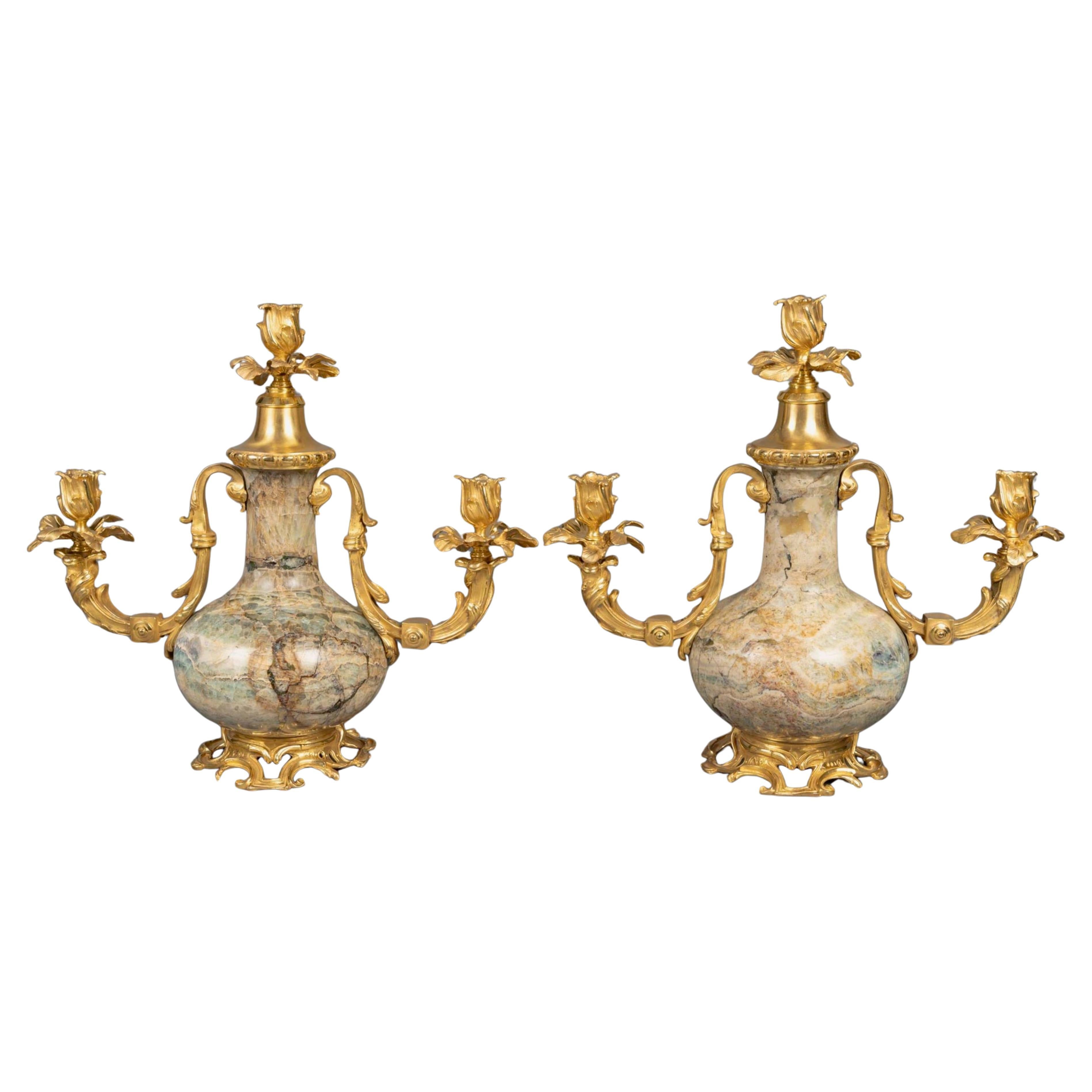 A 19th Century French Pair of Ormolu-Mounted Rare Fluorite Candelabras