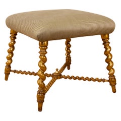 19th Century French Square Giltwood Barley Twist Footstool Ottoman Coffee Table