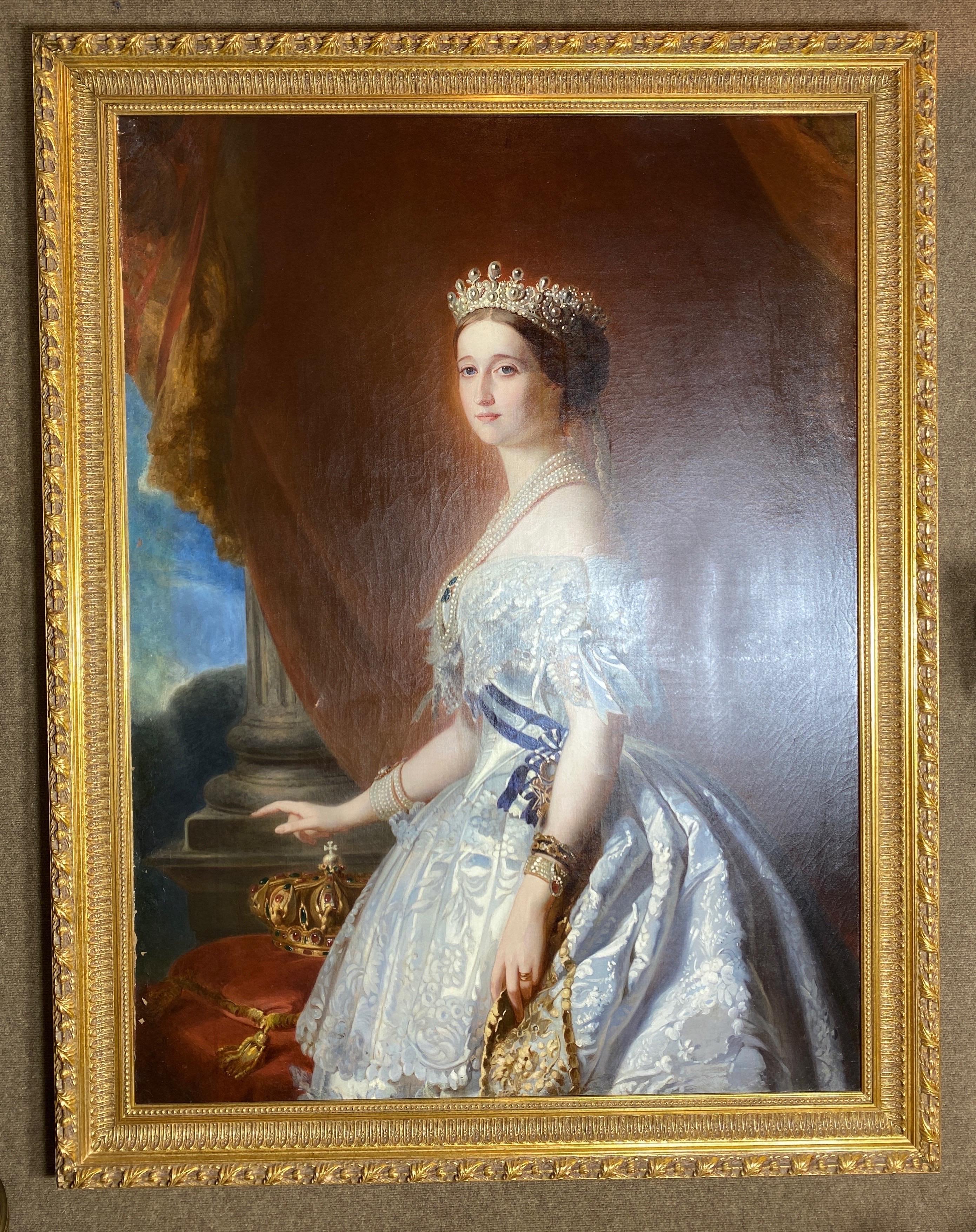 Huile sur toile allemande du XIXe siècle, finement peinte, représentant l'impératrice Eugénie dans une robe de cour blanche, par Franz Xavier Winterhalter (1805-1873).

Dimensions de la vue : 53.5