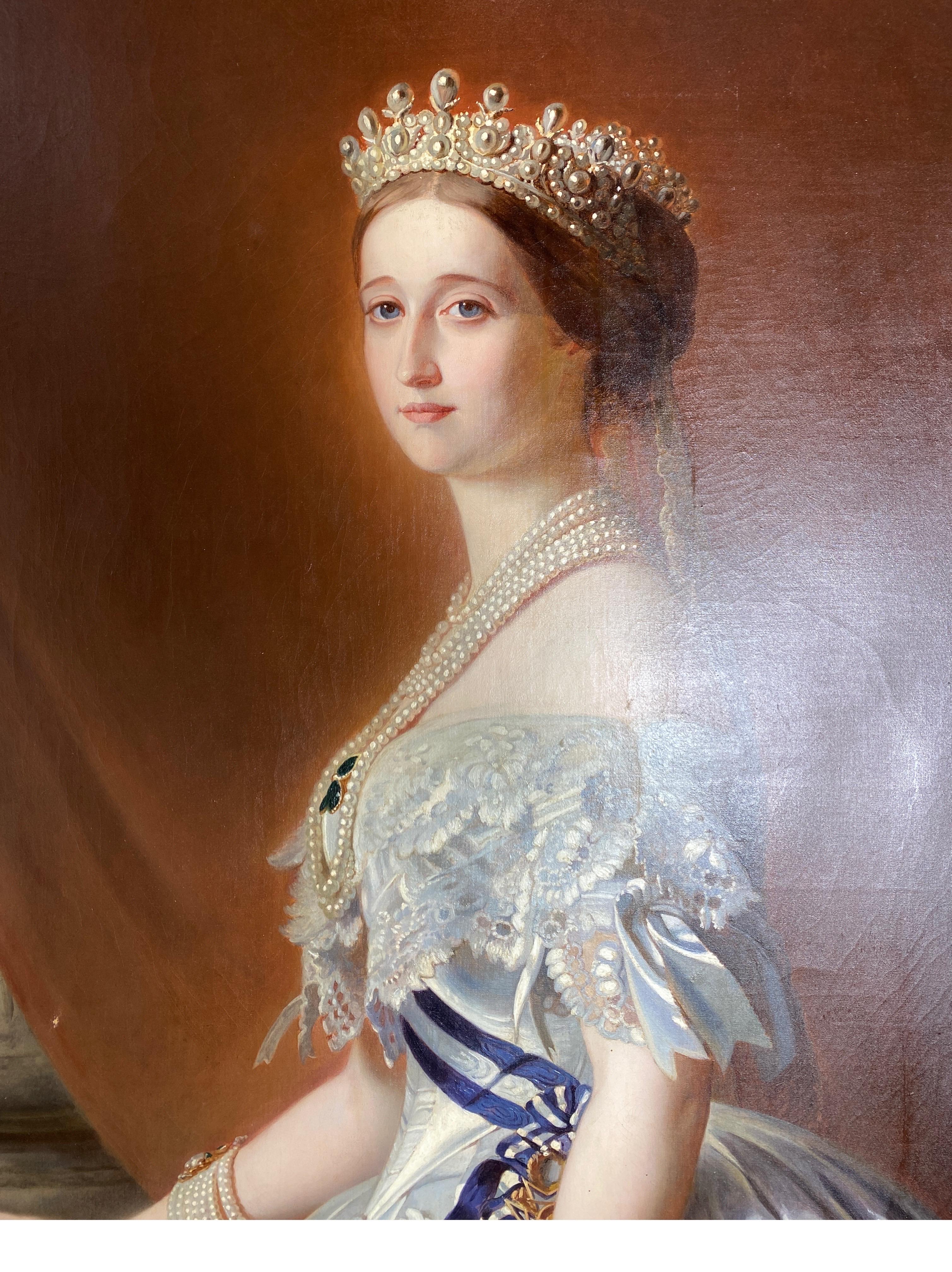 Victorien Huile sur toile allemande du XIXe siècle représentant l'impératrice Eugénie en robe de cour blanche en vente