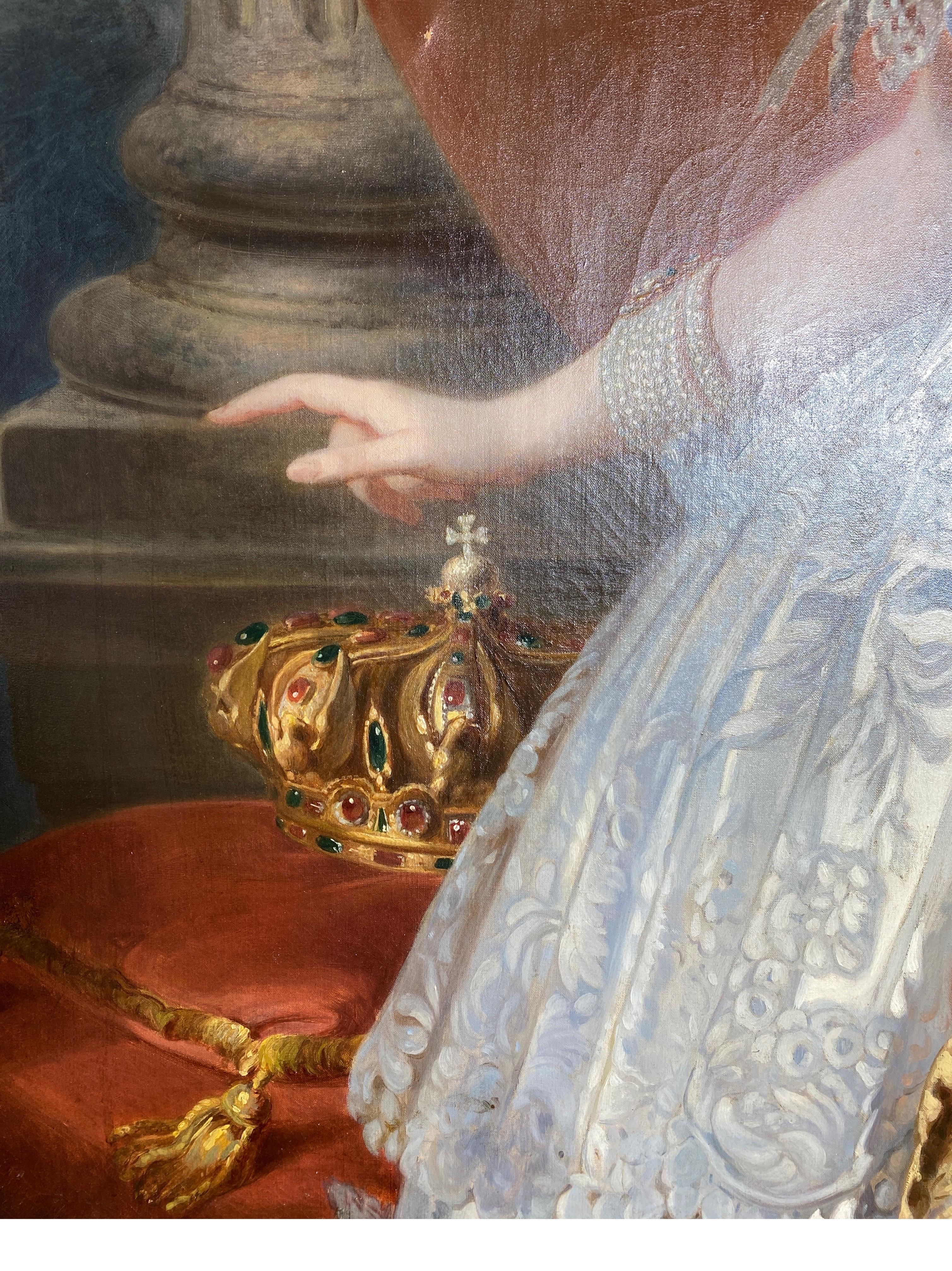 Allemand Huile sur toile allemande du XIXe siècle représentant l'impératrice Eugénie en robe de cour blanche en vente