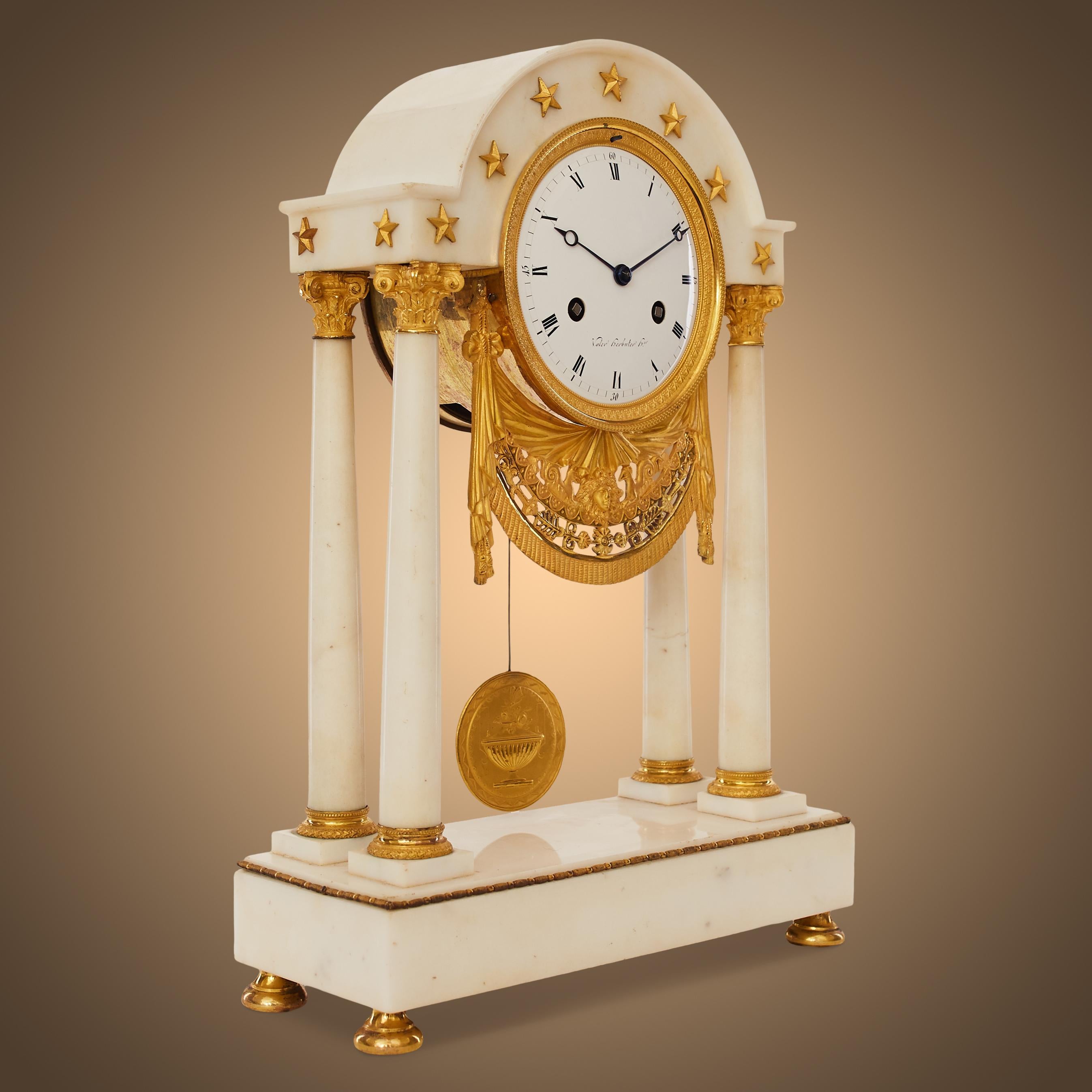 Louis XVI 19th Century Gilt Bronze and White Marble Portico Clock For Sale