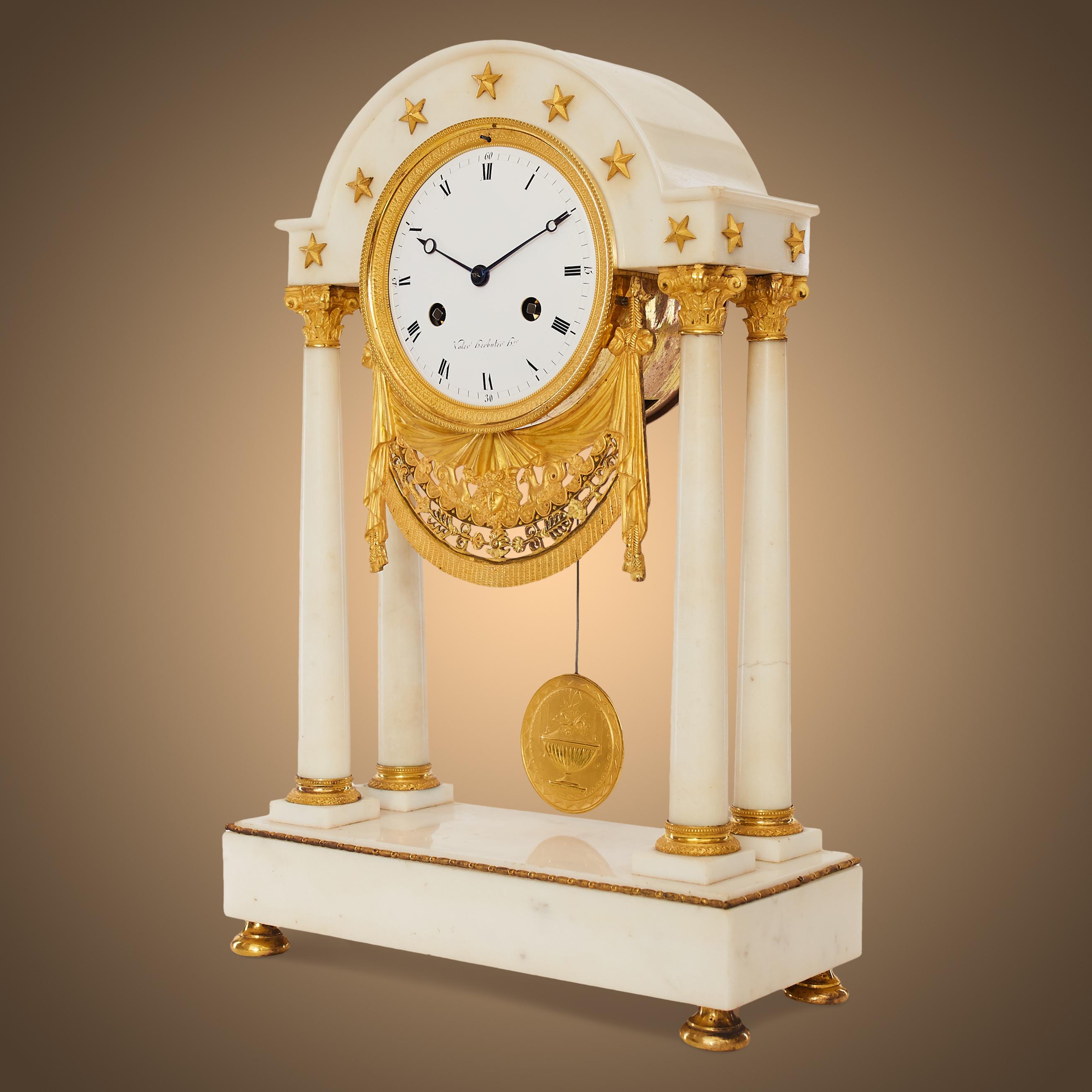 French 19th Century Gilt Bronze and White Marble Portico Clock For Sale