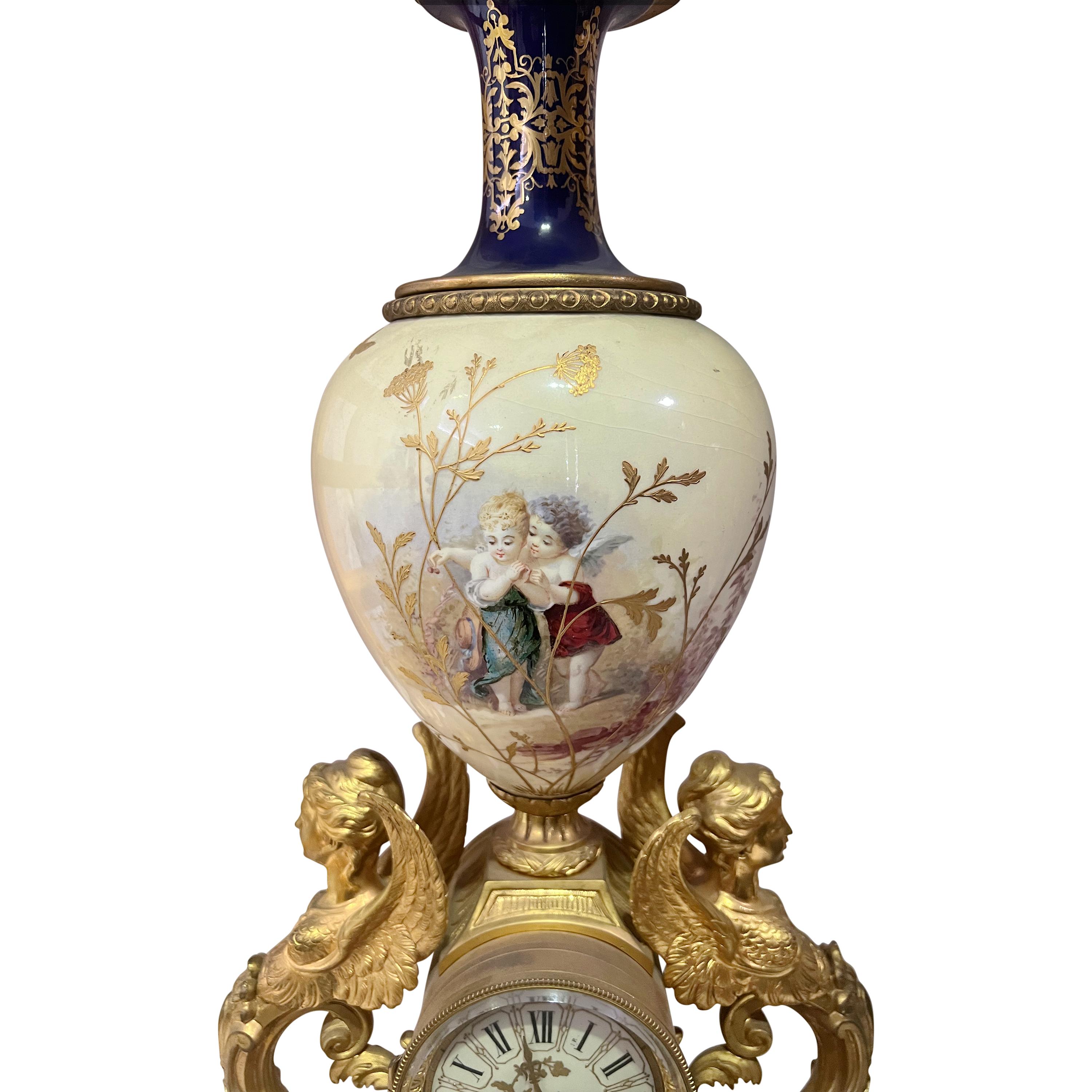 Louis XV A 19th Century Gilt Bronze & Porcelain Mantel Clock Retailed by Tiffany & Co. For Sale