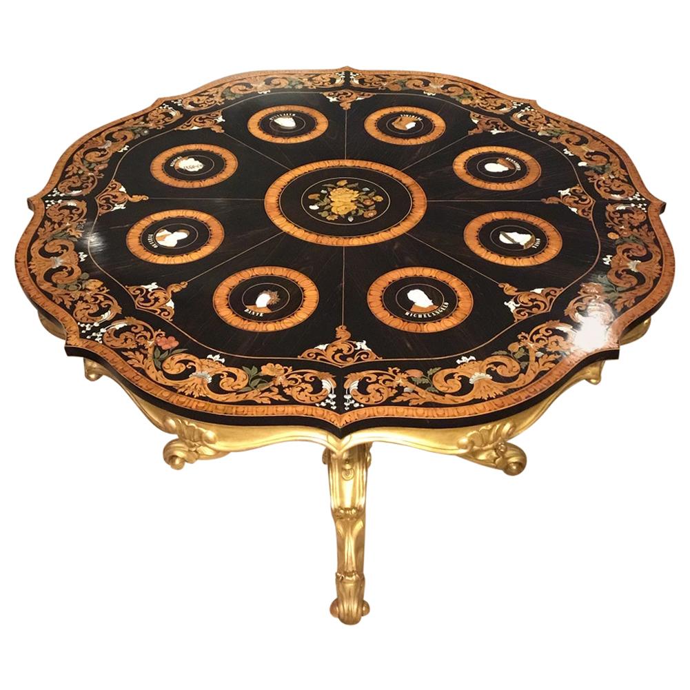 19th Century Giltwood and Marquetry Centre Table by the Falcini Brothers For Sale