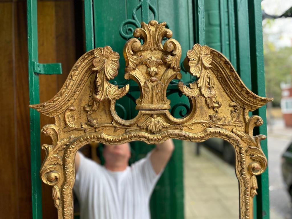 Hand-Carved 19th Century Gold Gilt Mirror with Prince of Wales Feather and Floral Carvings