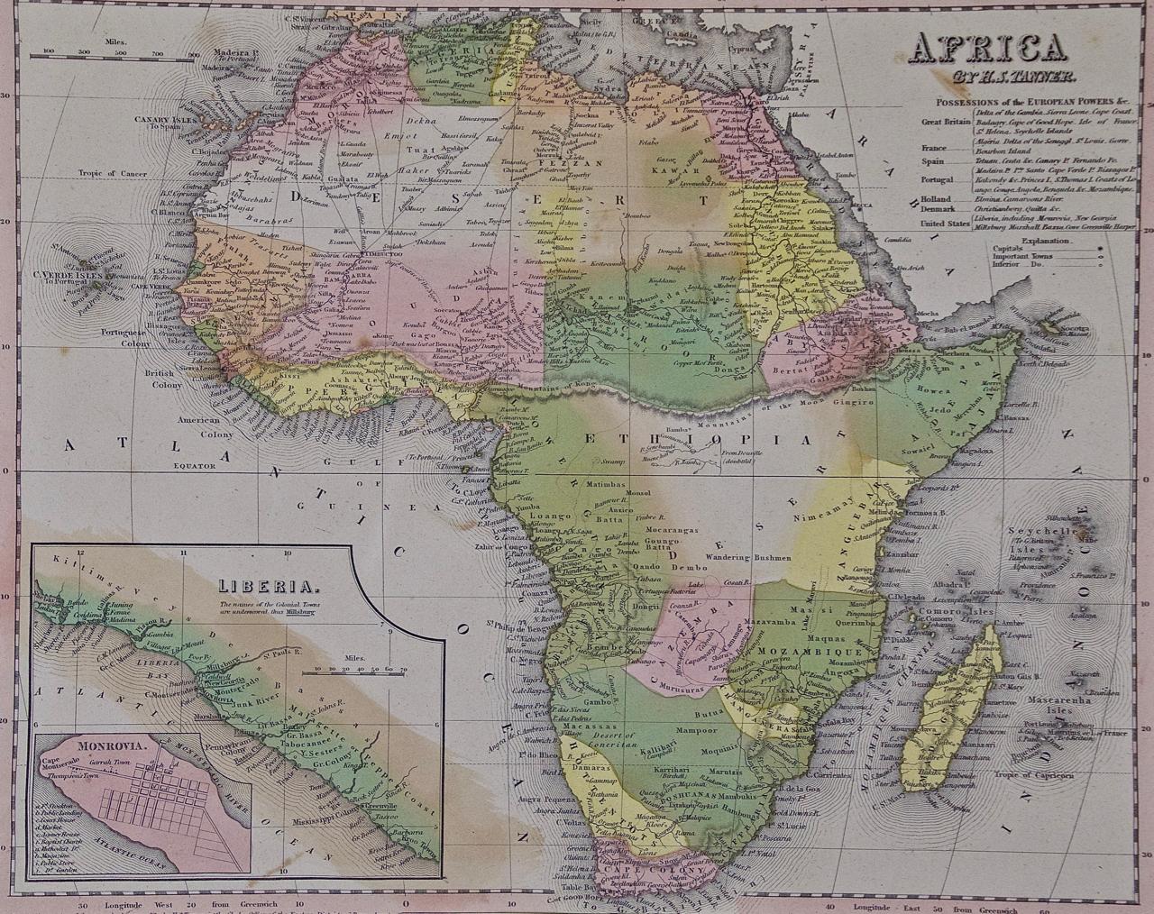 An early to mid-19th century hand-colored map of Africa by Henry Schenk Tanner, published in Tanner's Universal Atlas by Matthew Carey & Son in Philadelphia in 1834. At the time this map was published, Africa was largely unexplored. The 