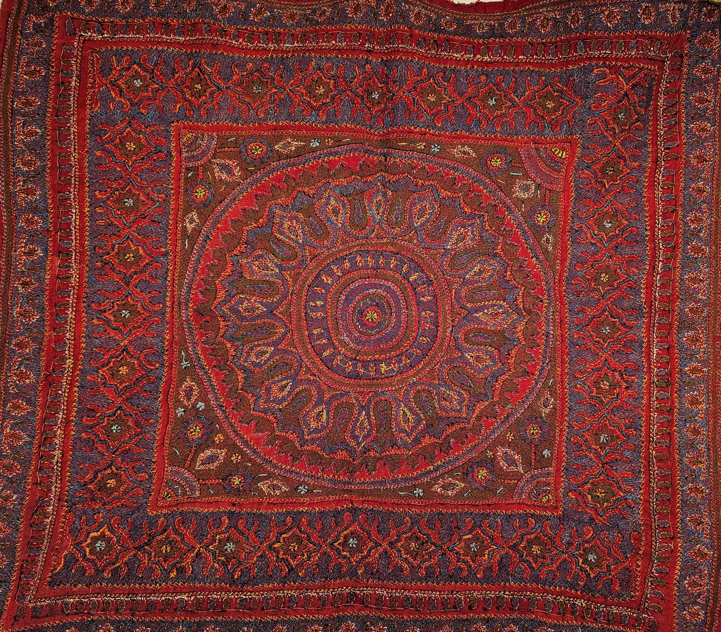 19th Century Persian Kerman Termeh Silk Embroidery Suzani in Red, Blue, Ivory For Sale 6