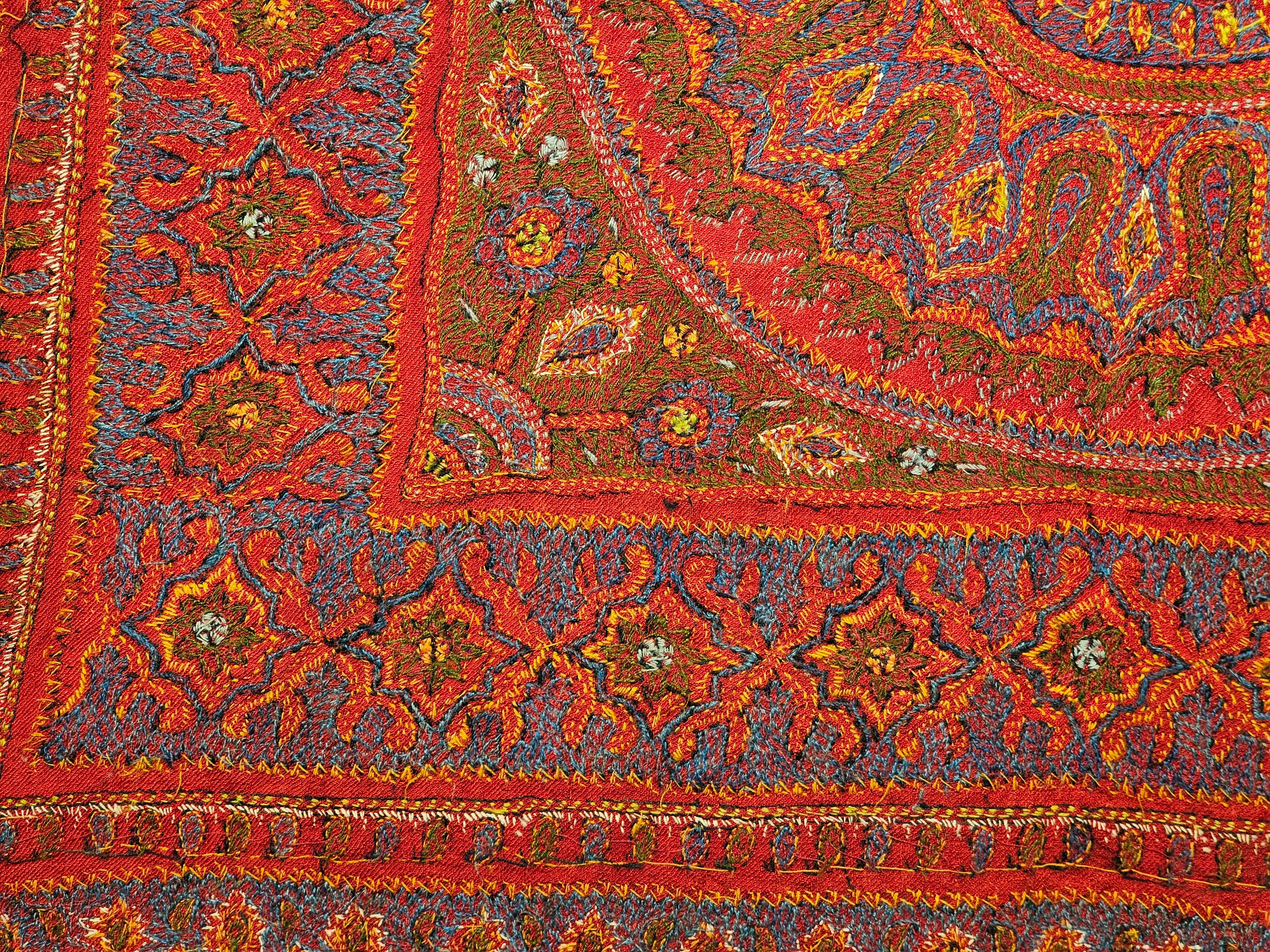 19th Century Persian Kerman Termeh Silk Embroidery Suzani in Red, Blue, Ivory For Sale 8