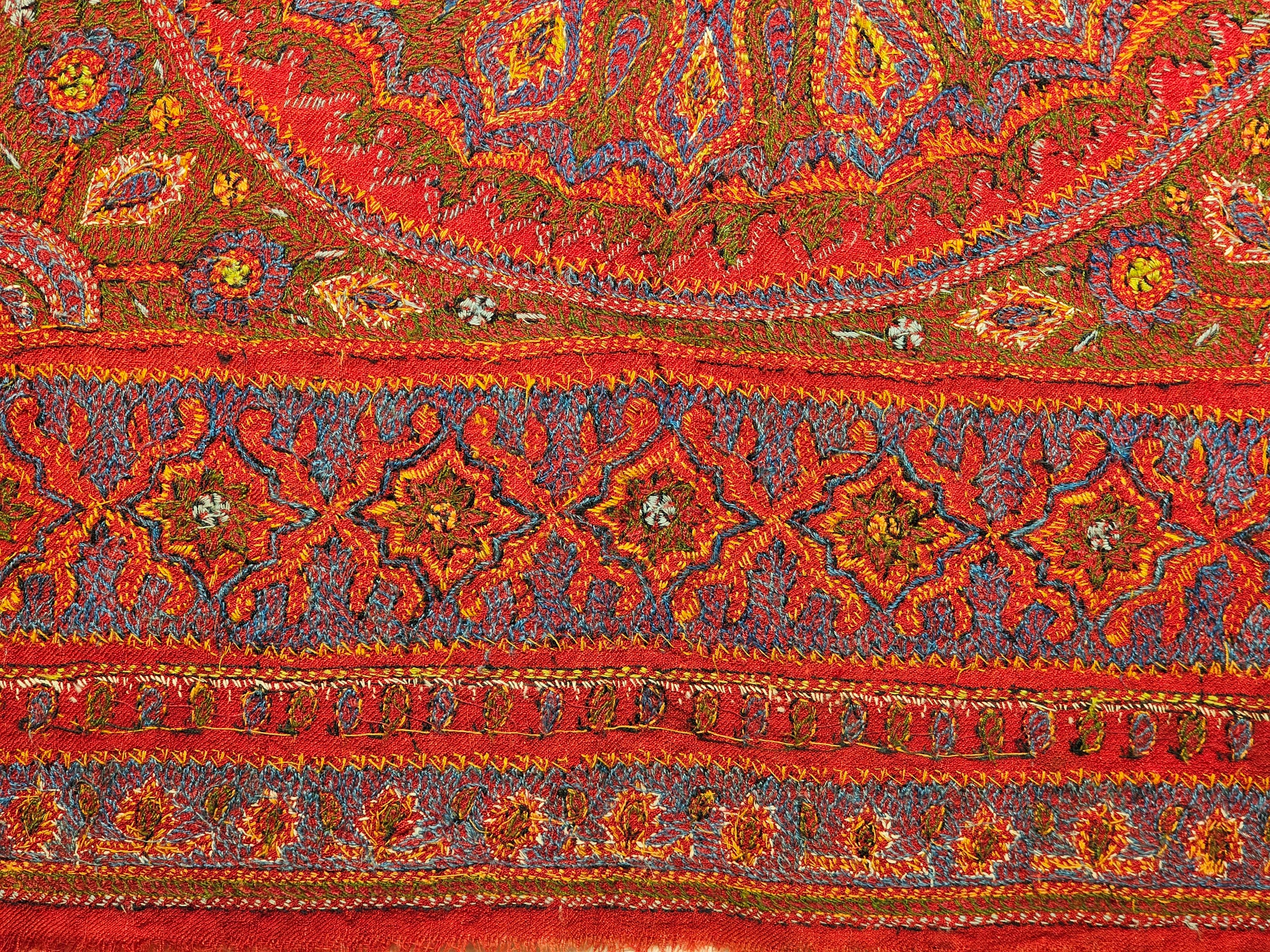 19th Century Persian Kerman Termeh Silk Embroidery Suzani in Red, Blue, Ivory For Sale 9