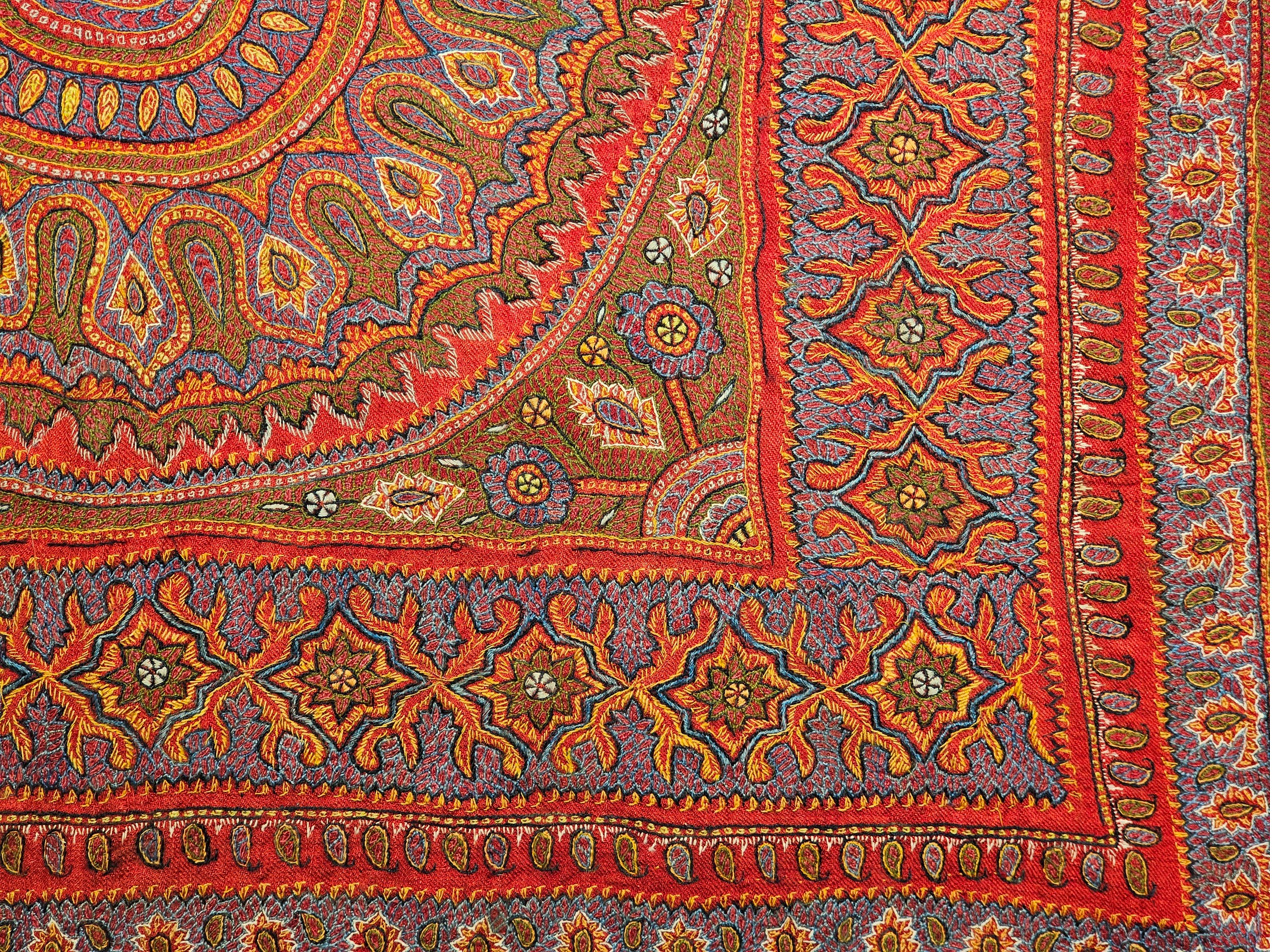 19th Century Persian Kerman Termeh Silk Embroidery Suzani in Red, Blue, Ivory For Sale 3