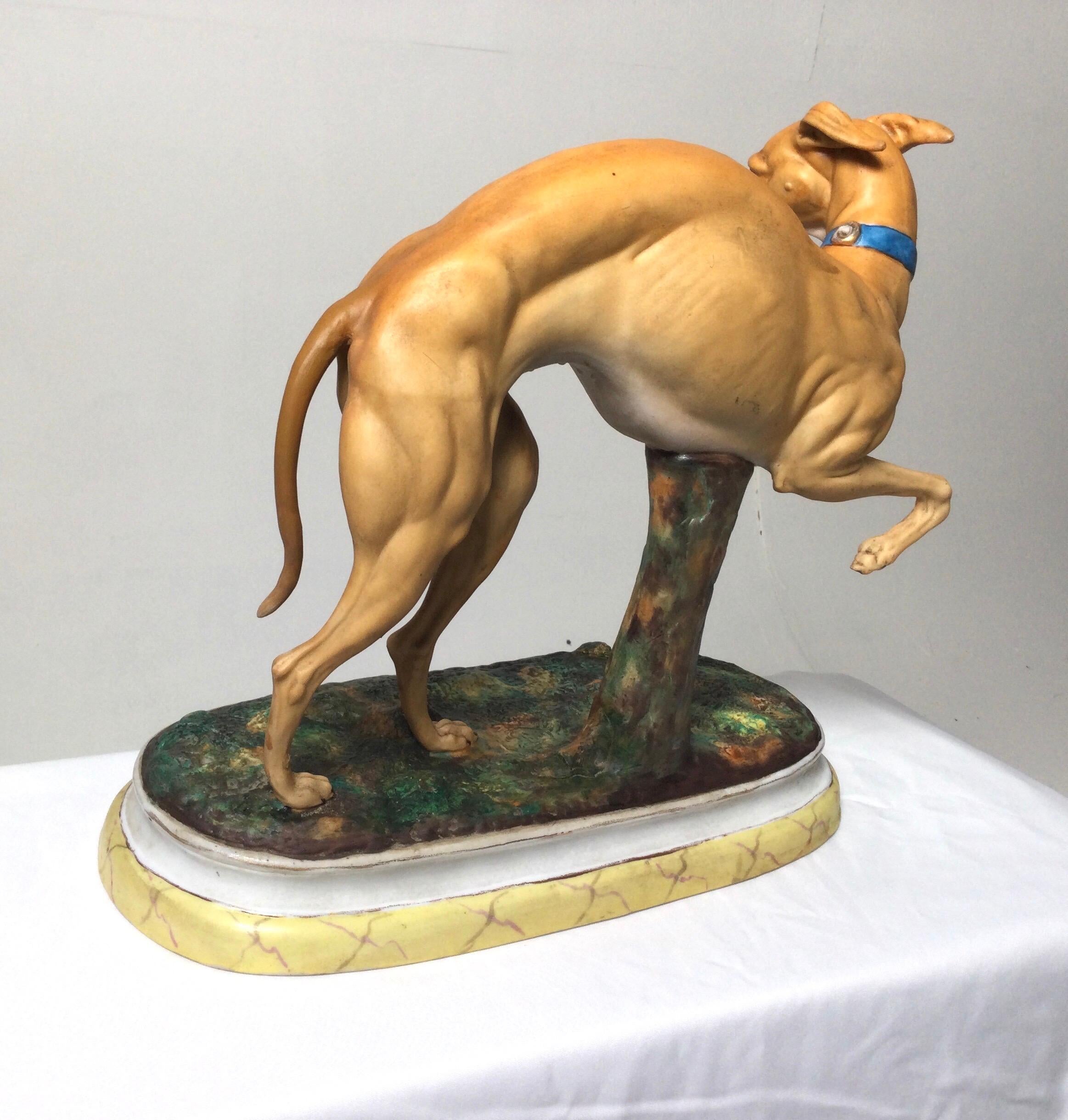European 19th Century Hand Painted Porcelain Bisque Figure of a Whippet