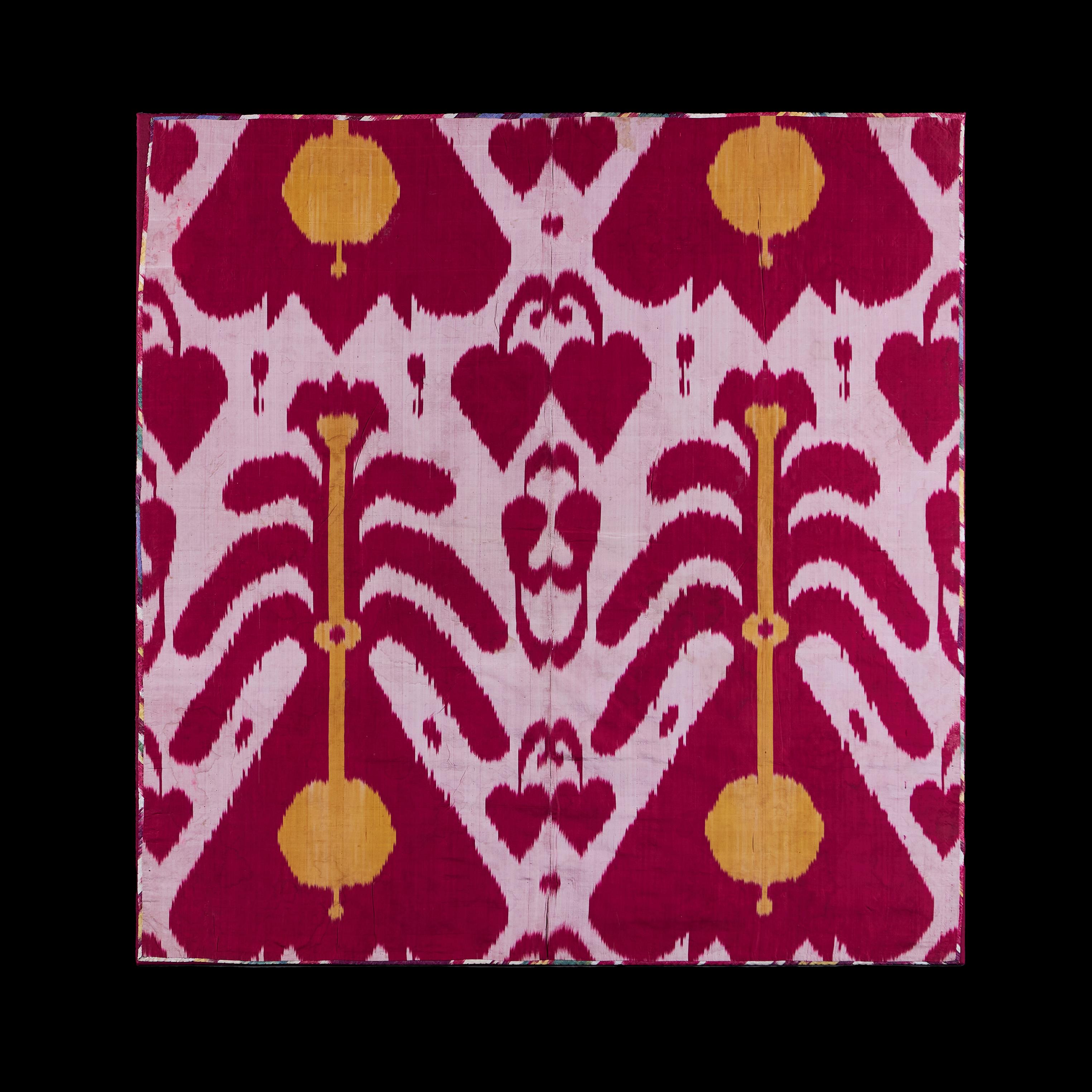 Uzbekistan, circa 1890

A panel of Central Asian Ikat, decorated with magenta, pink and yellow ochre, in a continuous foliate pattern, bordered with magenta silk, stretched and now mounted, lined to the back.

Height    93.00cm
Width      91.00cm