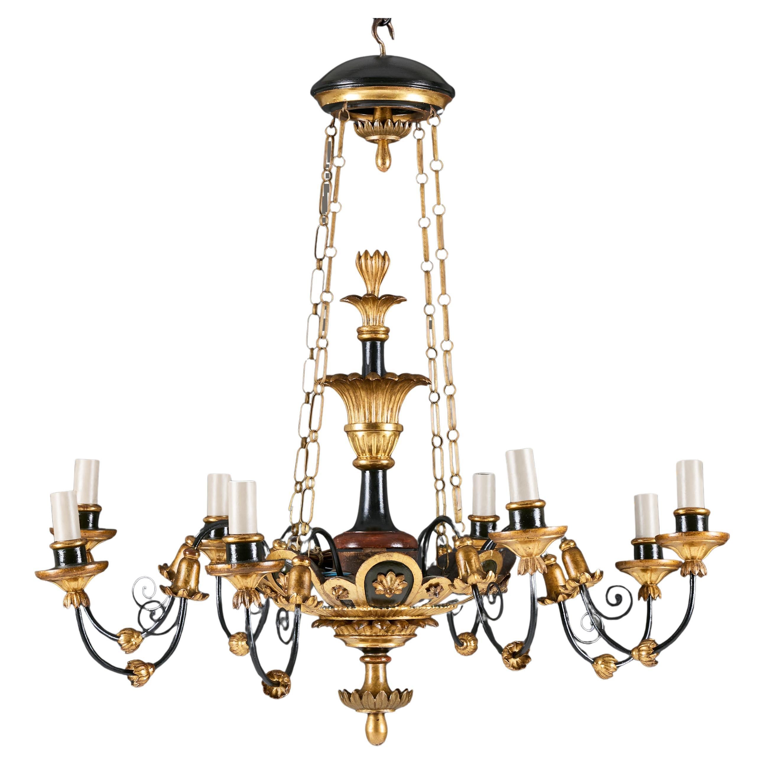 Lampadario italiano del XIX secolo in legno dorato ed ebanizzato