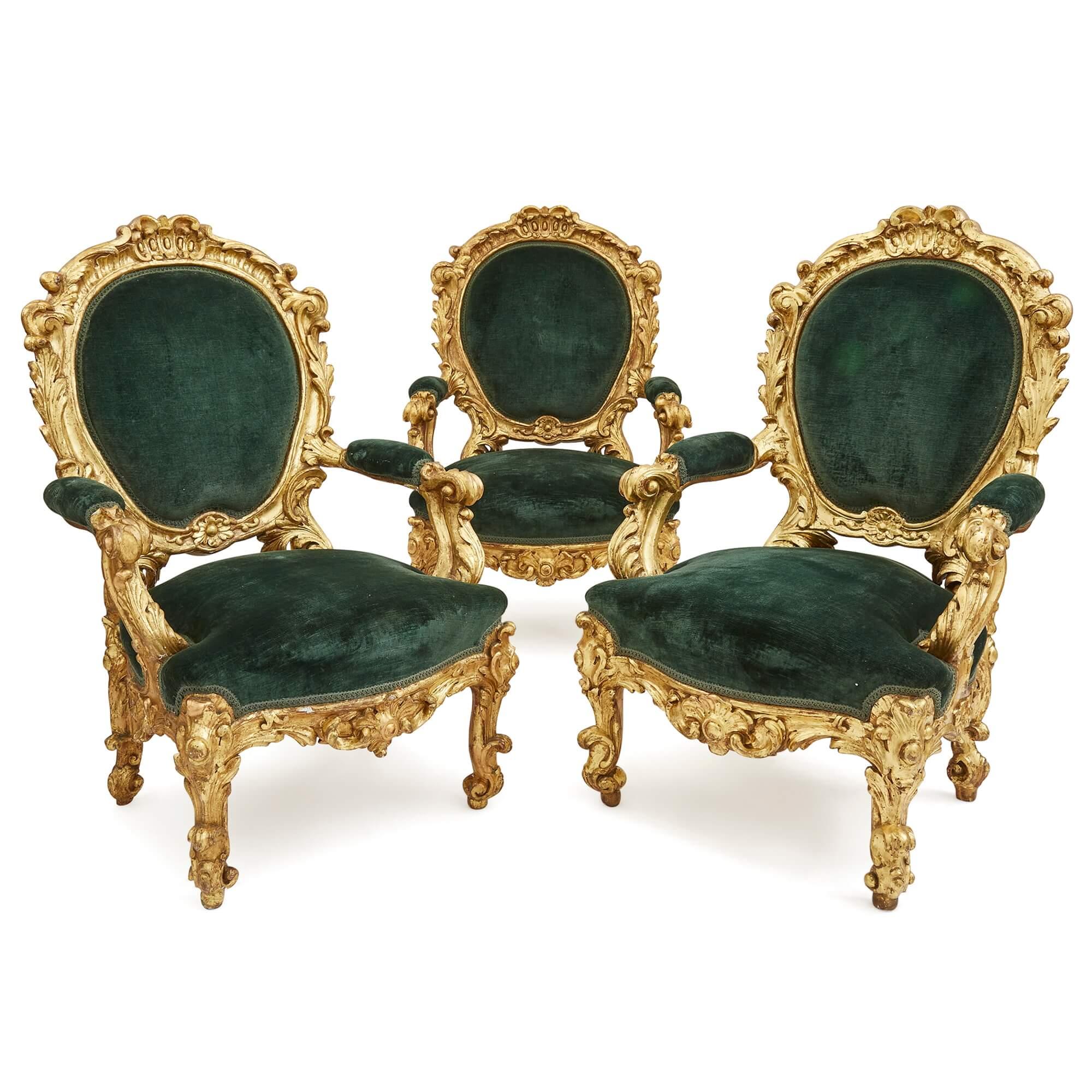 Baroque Suite de chaises palazzo italiennes en bois doré du XIXe siècle en vente