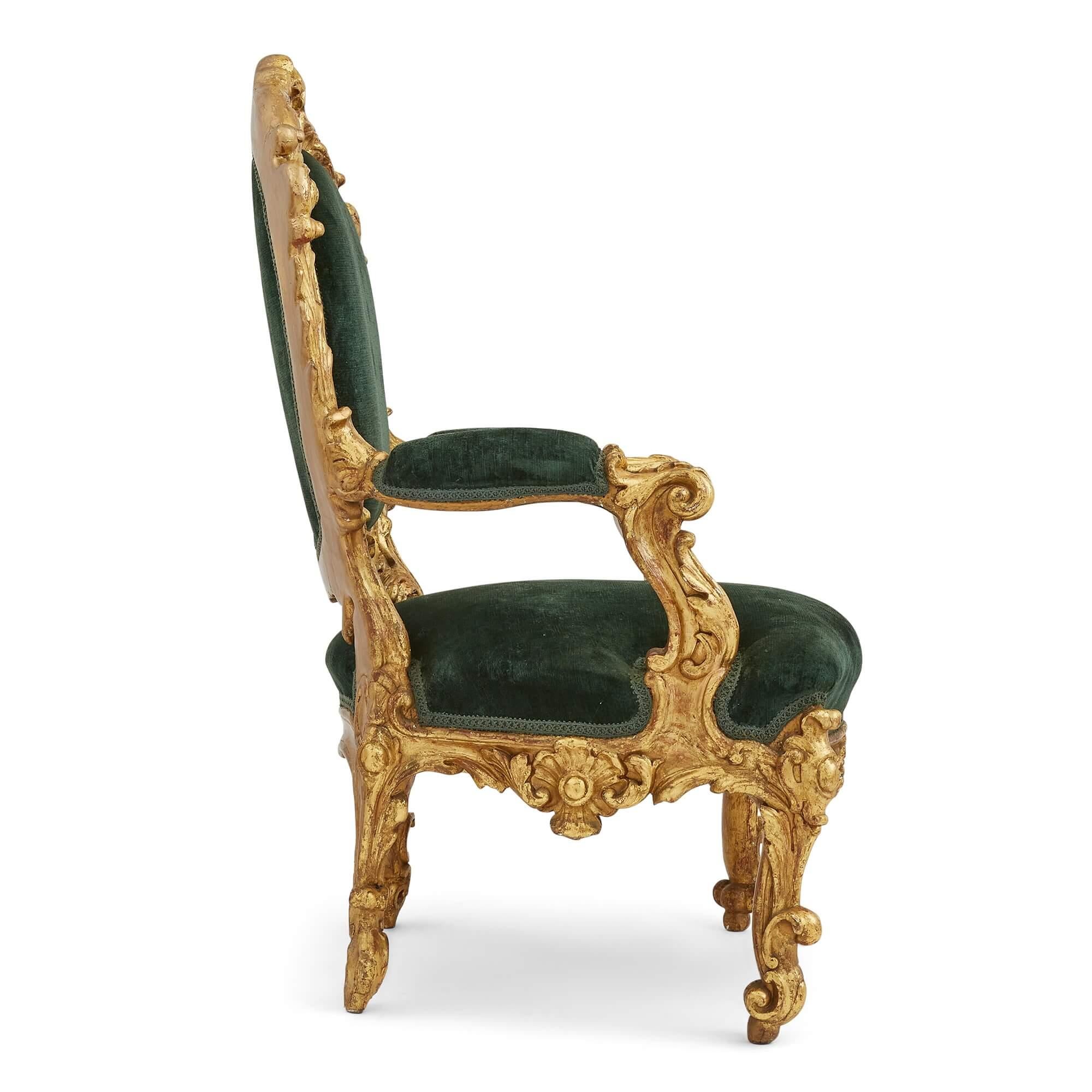 Upholstery 19th Century Italian Giltwood Palazzo Chair Suite For Sale