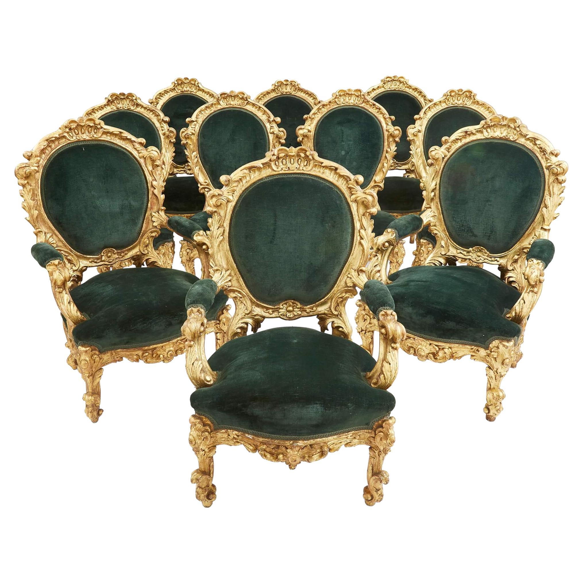 Suite de chaises palazzo italiennes en bois doré du XIXe siècle en vente