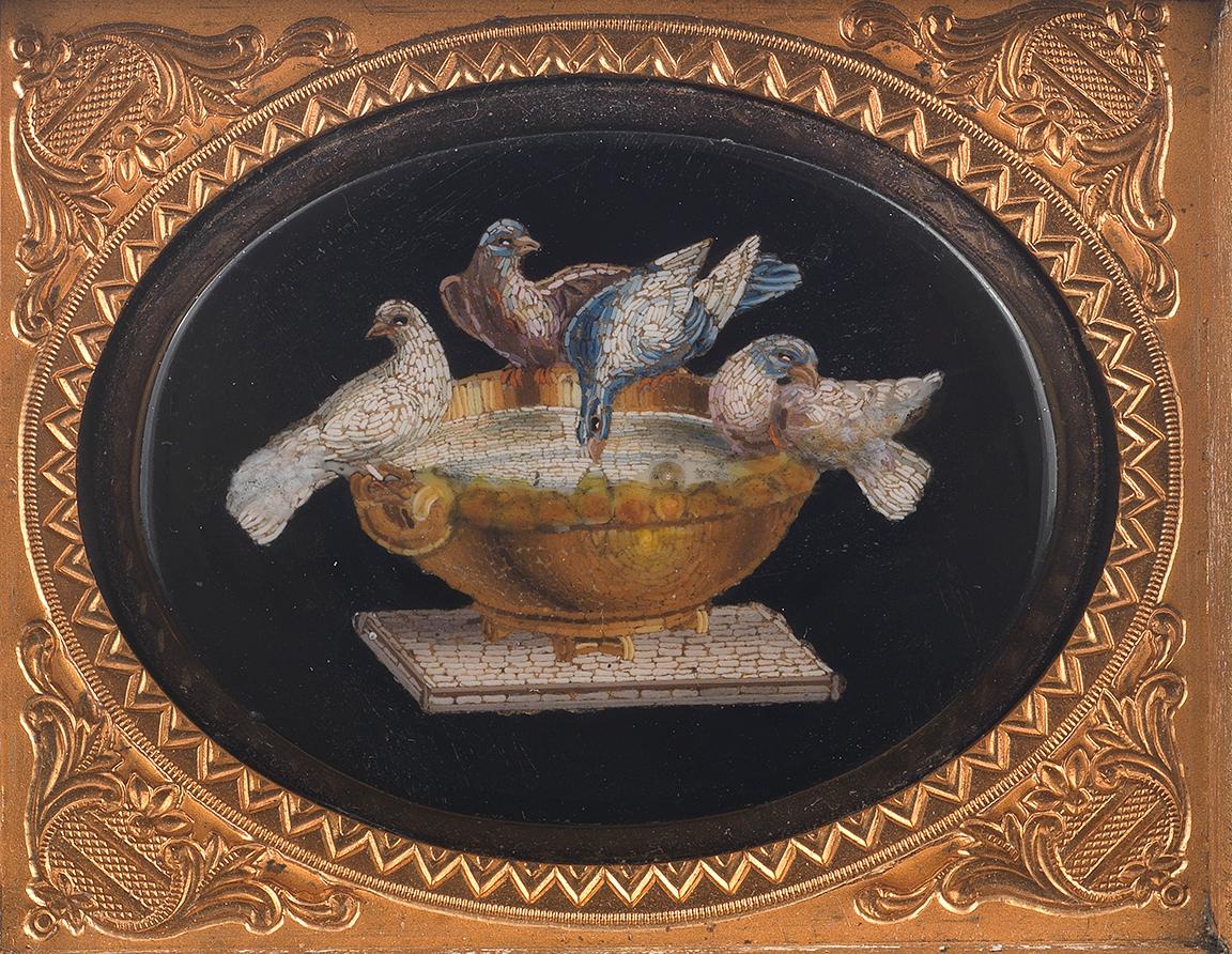 Depicting the Pliny's Doves, within a black marble, mounted within a later gilt gesso and composition frame, the plaque approximately 4cm x 5cm, 8 cm x 6.5cm overall.
Note a piè di pagina
The present composition gained its title from Pliny's