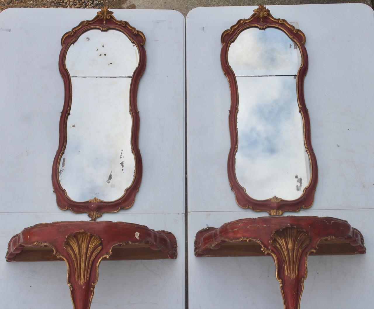 Gilt 19th Century Italian Pair of Very Decorative Consoles and Mirrors