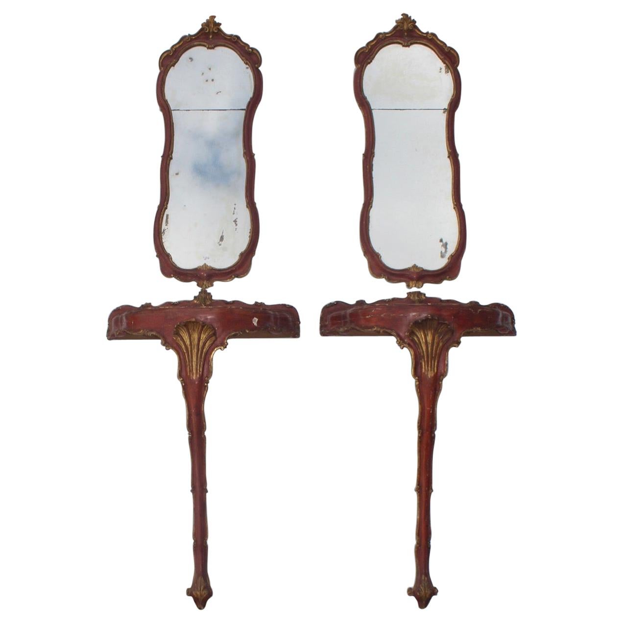 19th Century Italian Pair of Very Decorative Consoles and Mirrors