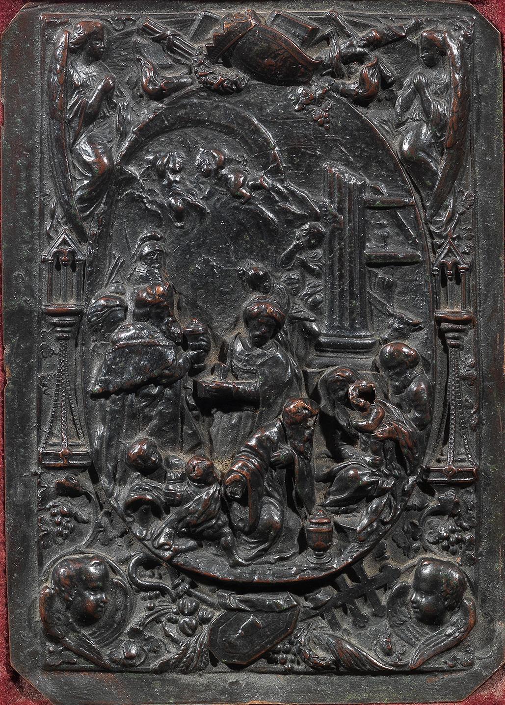 Rococo Revival 19th Century Italian Patinated Bronze Relief Plaque of the Nativity For Sale
