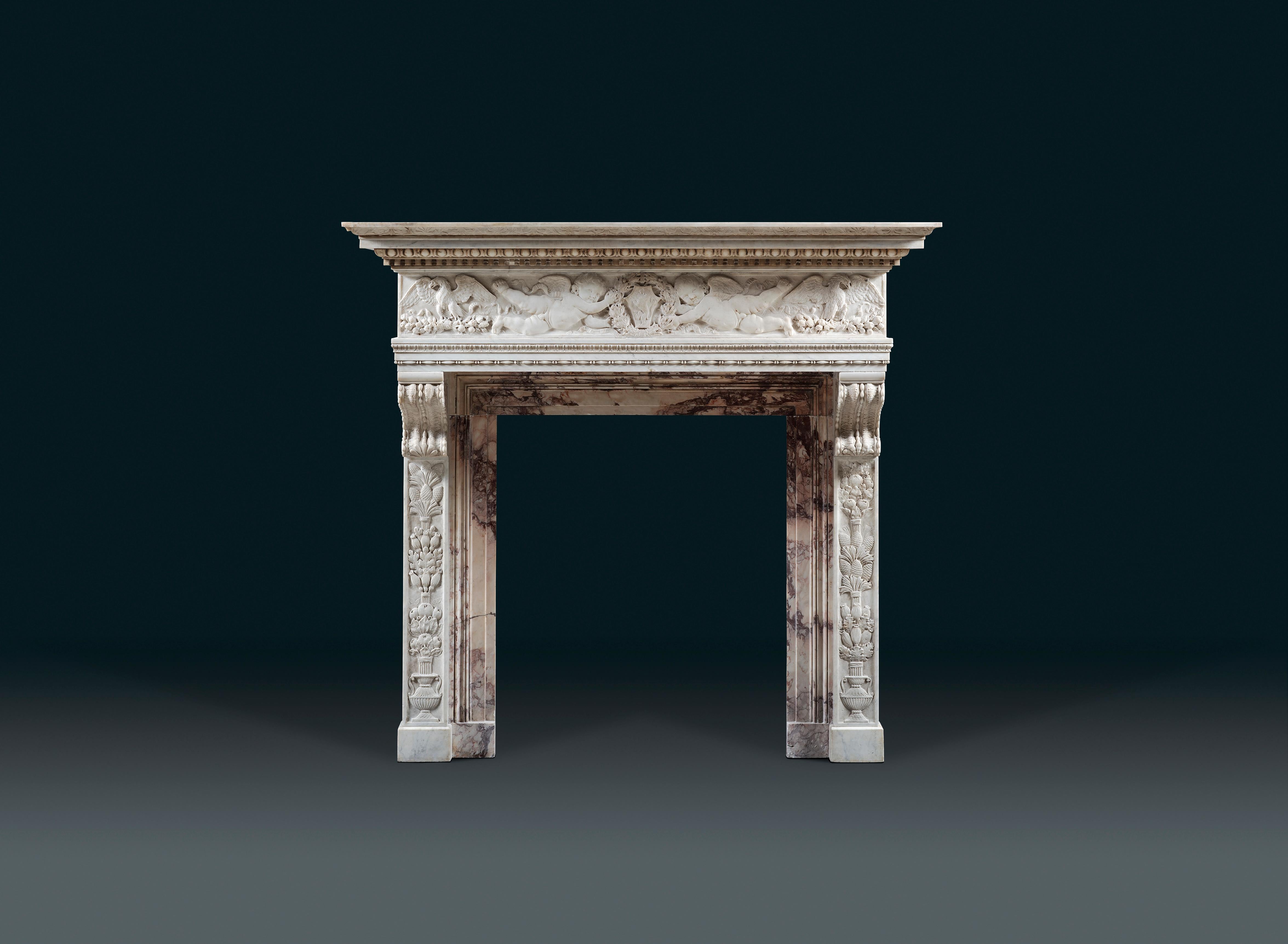 19th Century Italian Statuary and Breche Violette Marble Chimneypiece In Good Condition In London, GB
