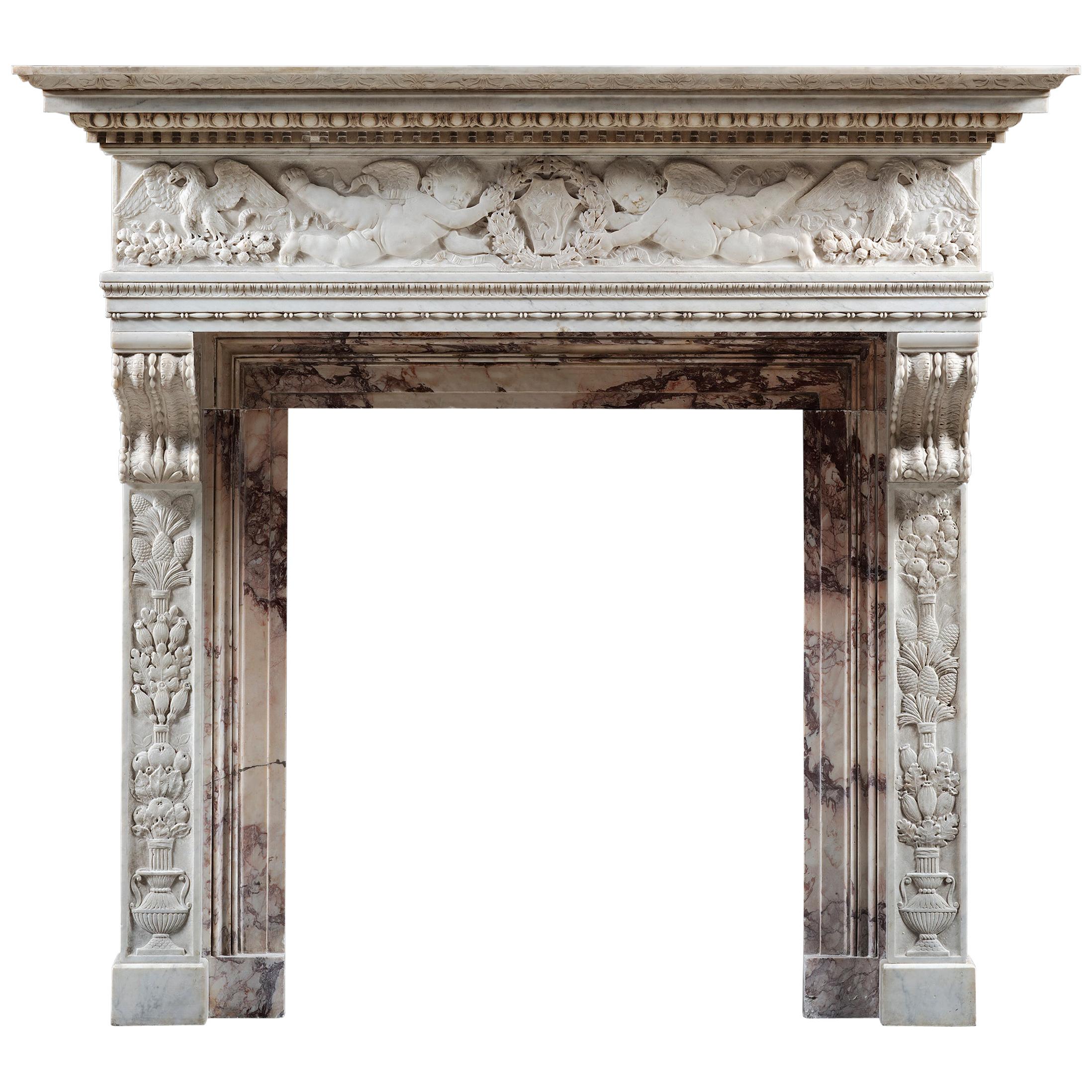19th Century Italian Statuary and Breche Violette Marble Chimneypiece