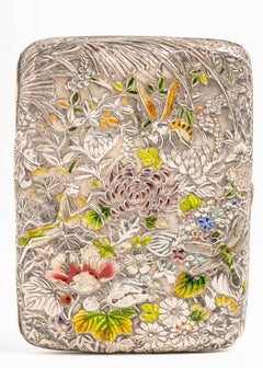 Antique Japanese Meiji Silver And Enamel Floral Cigarette Case