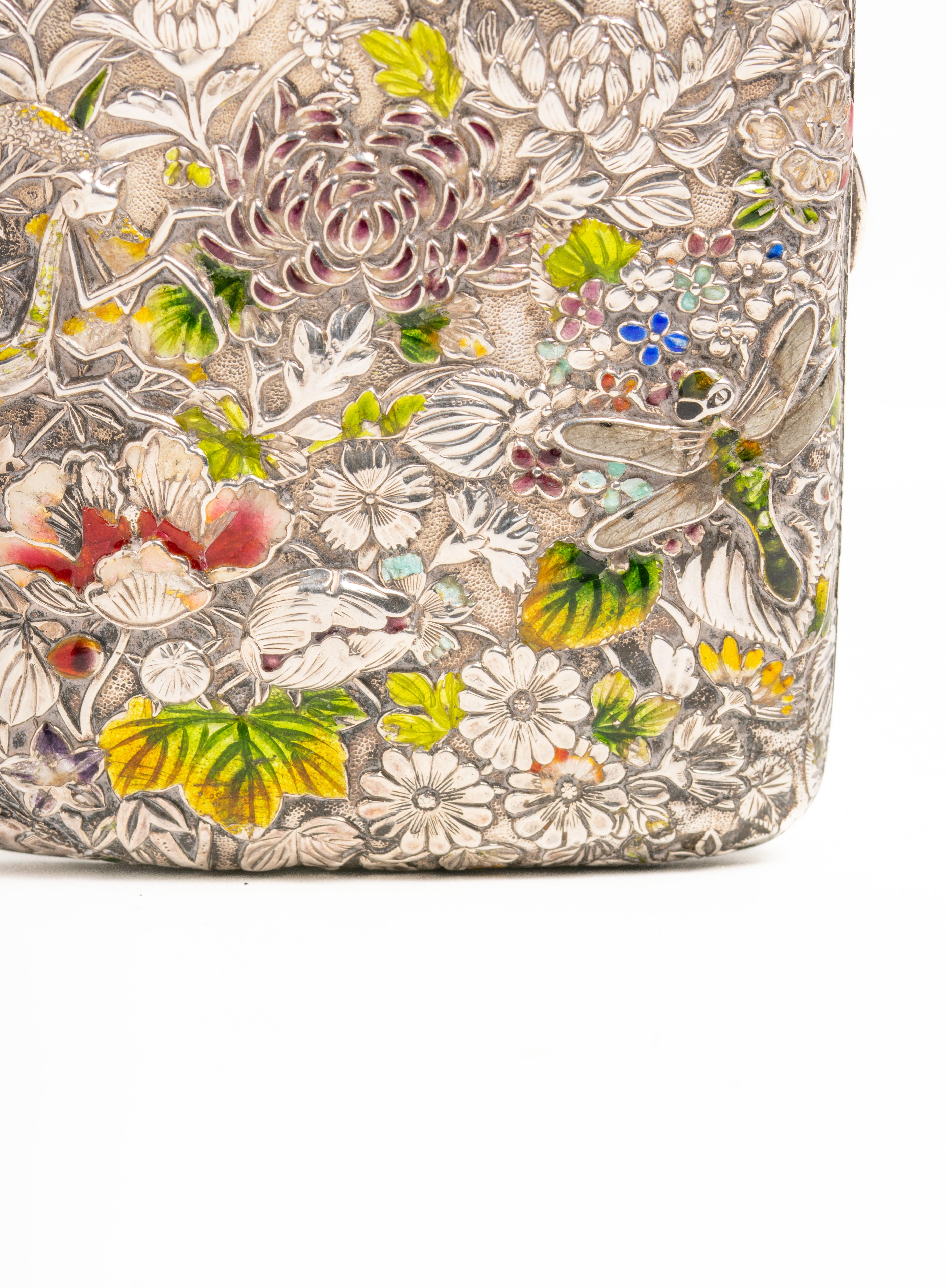 Antique Japanese Meiji Silver And Enamel Floral Cigarette Case 1