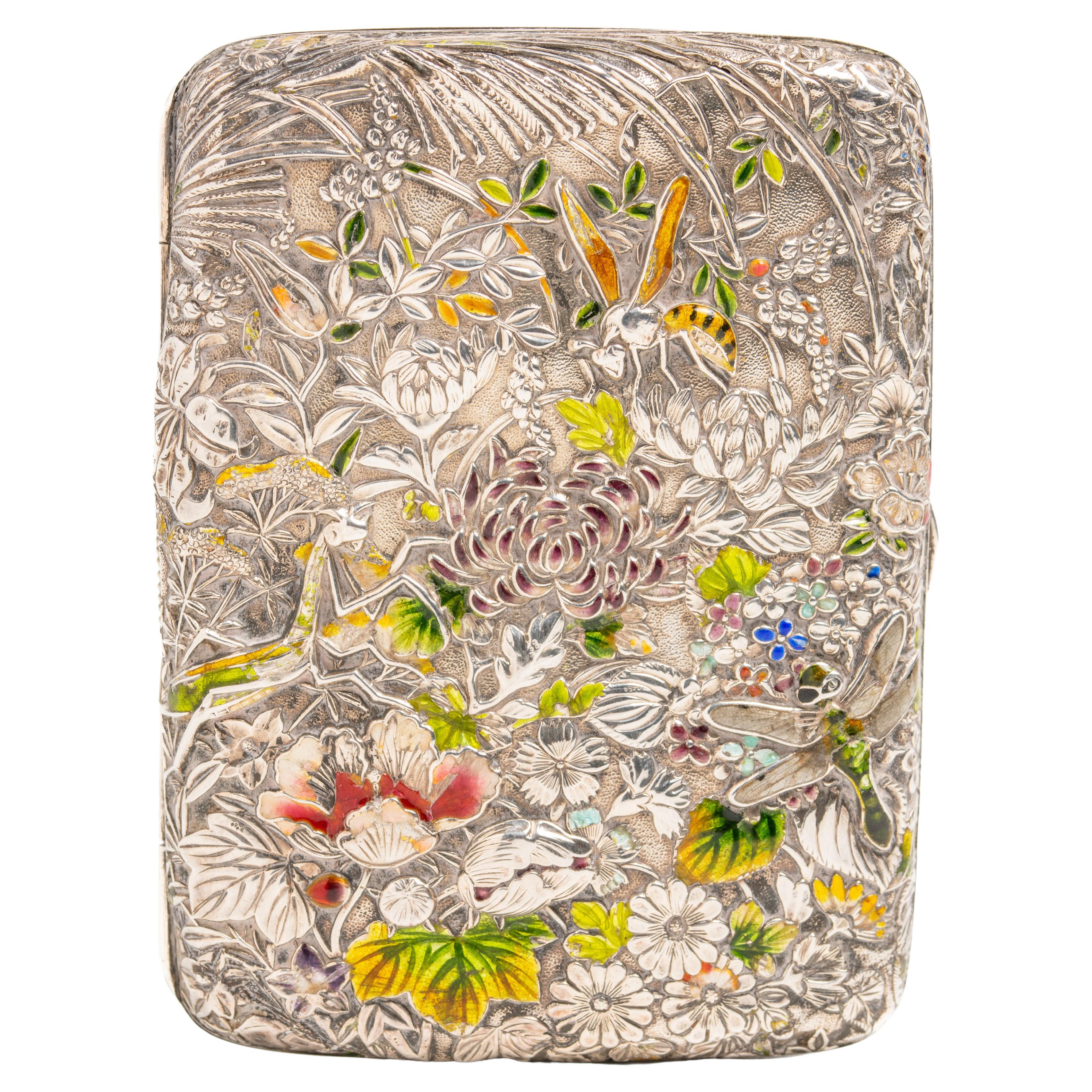 Antique Japanese Meiji Silver And Enamel Floral Cigarette Case