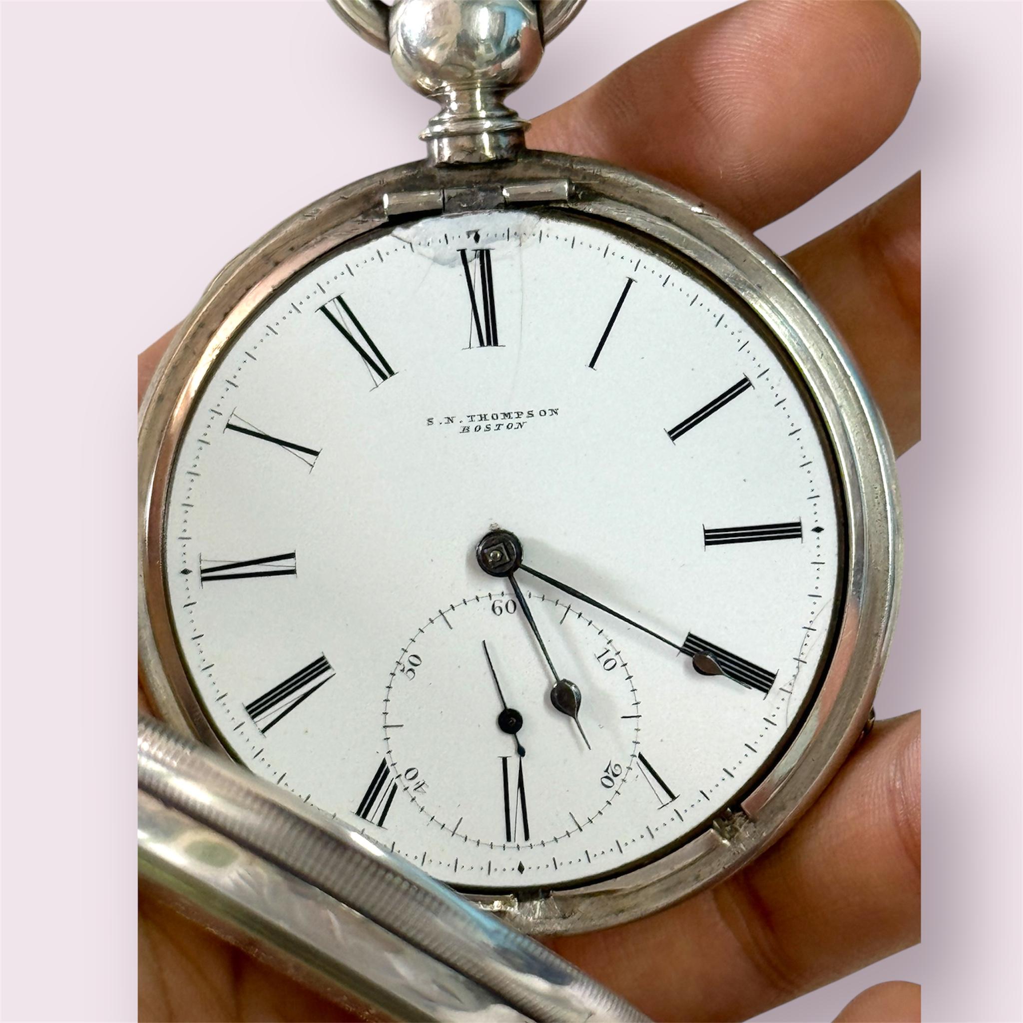Round Cut A 19th Century Large silver  pocket watch, S.N. Thompson, Boston, ca 1871  50mm!