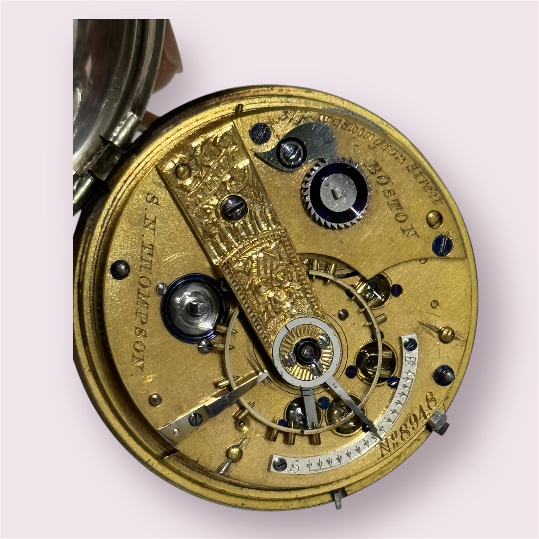 A 19th Century Large silver  pocket watch, S.N. Thompson, Boston, ca 1871  50mm! In Fair Condition In Mumbai, IN