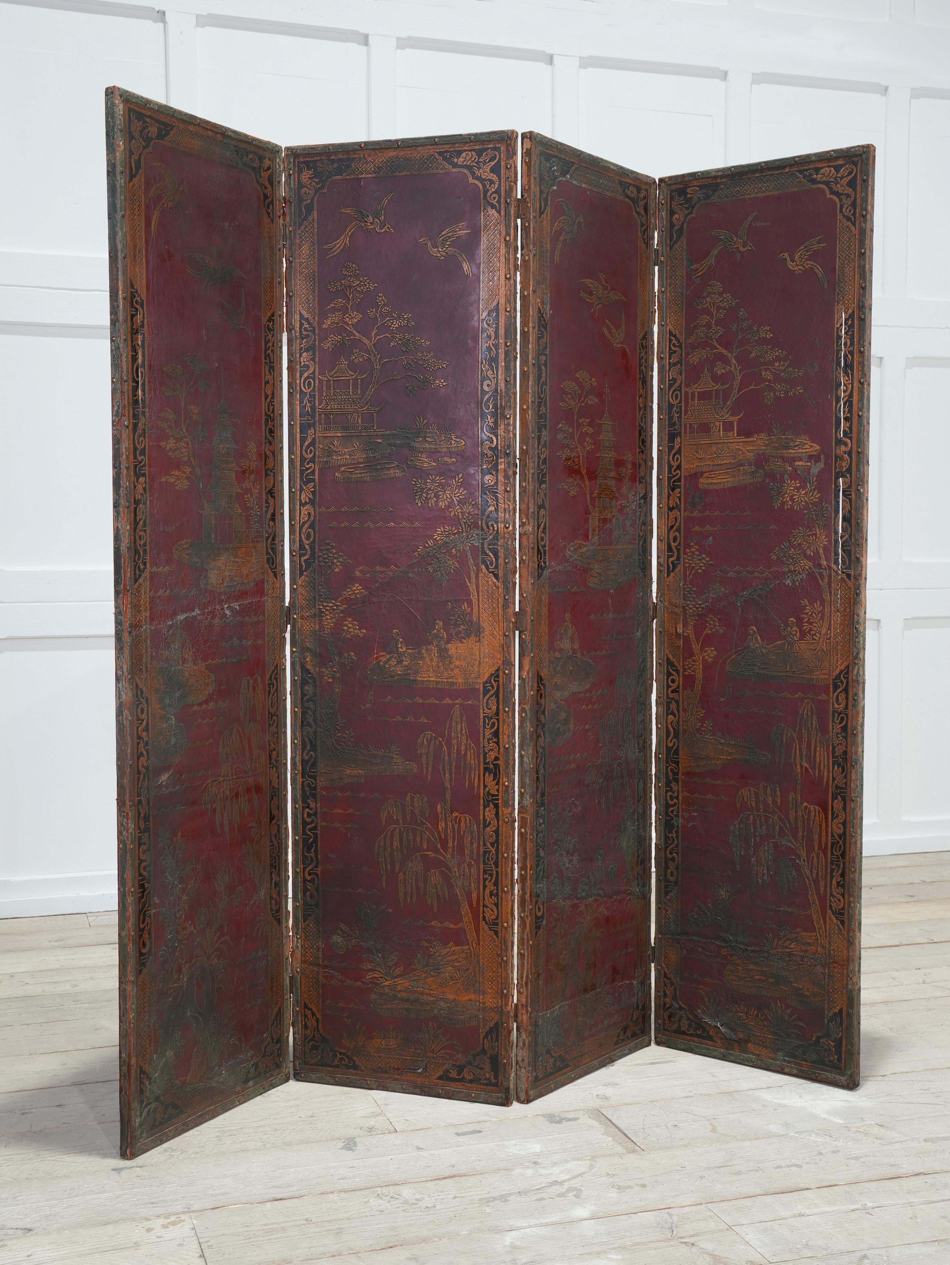 19th Century Leather Chinoiserie Room Screen 6