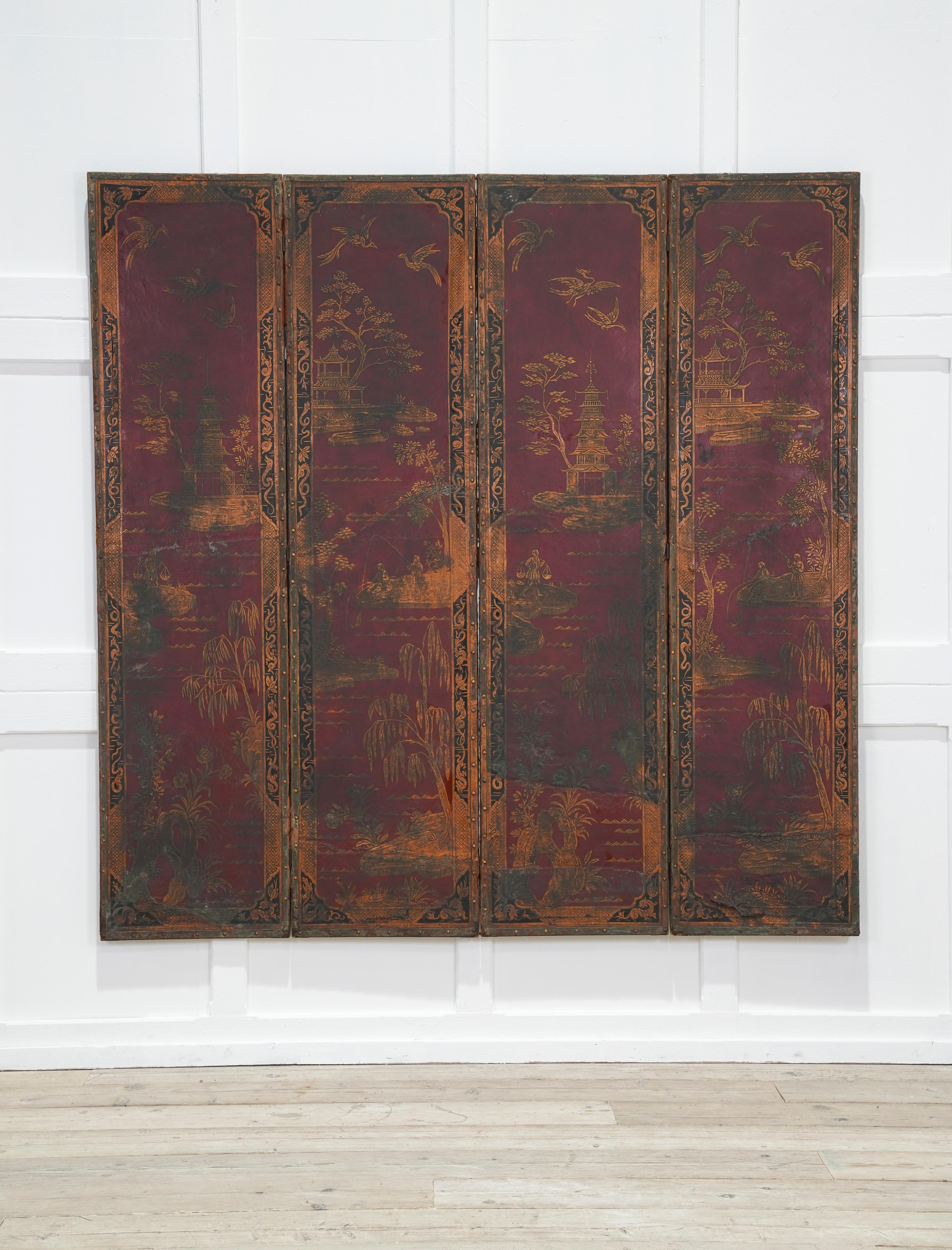 19th Century Leather Chinoiserie Room Screen 10