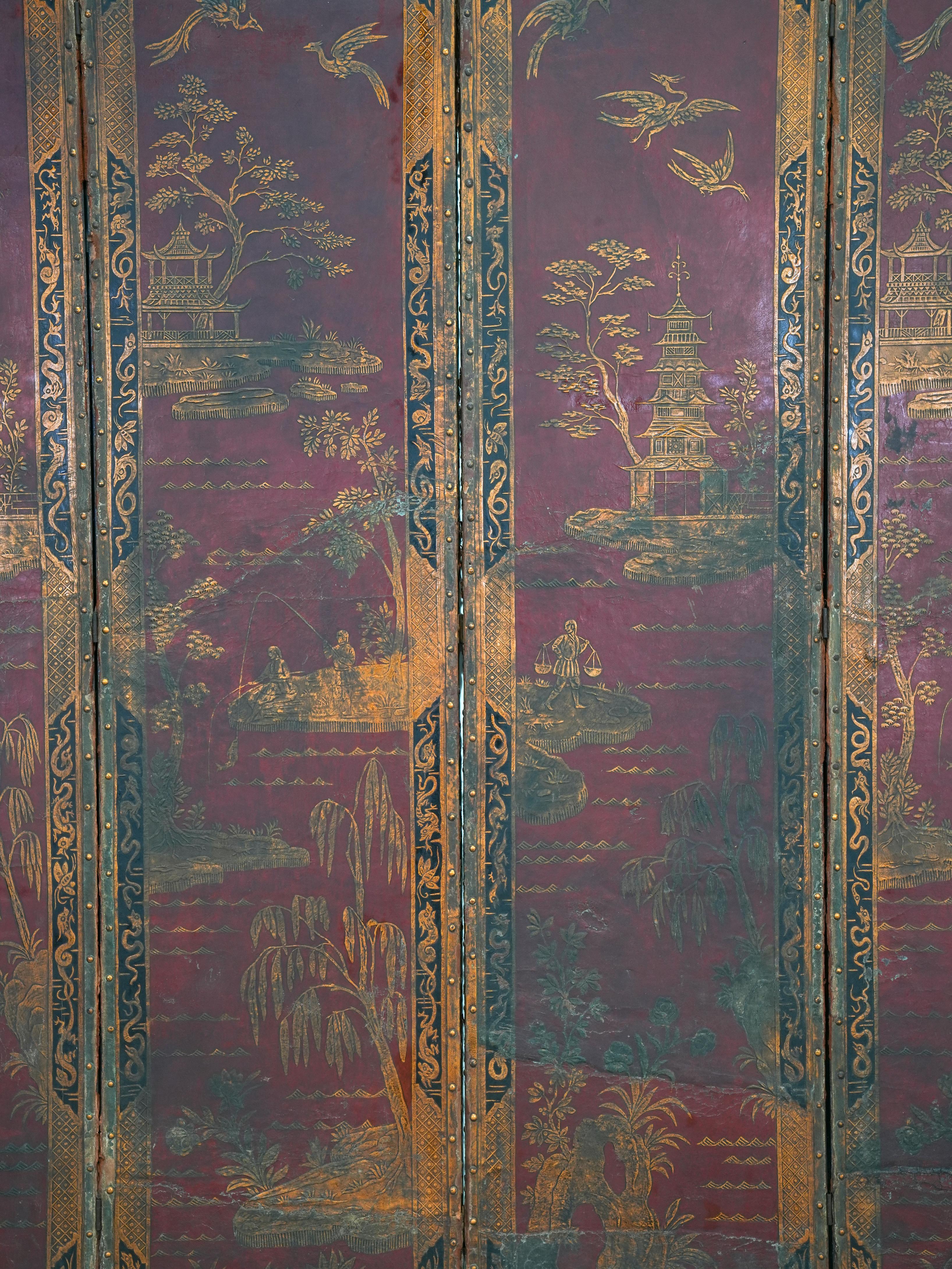 19th Century Leather Chinoiserie Room Screen 11