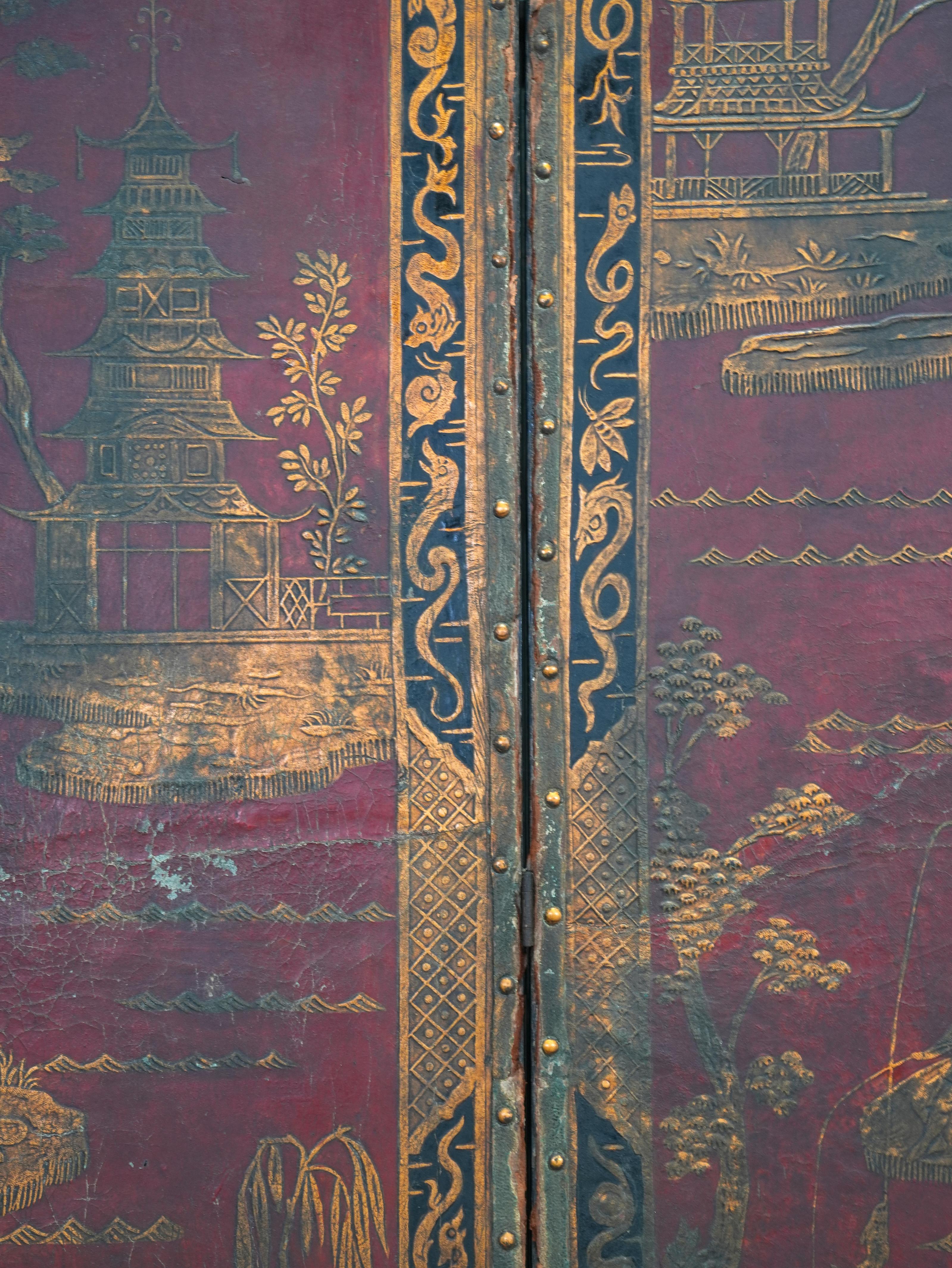 19th Century Leather Chinoiserie Room Screen 12