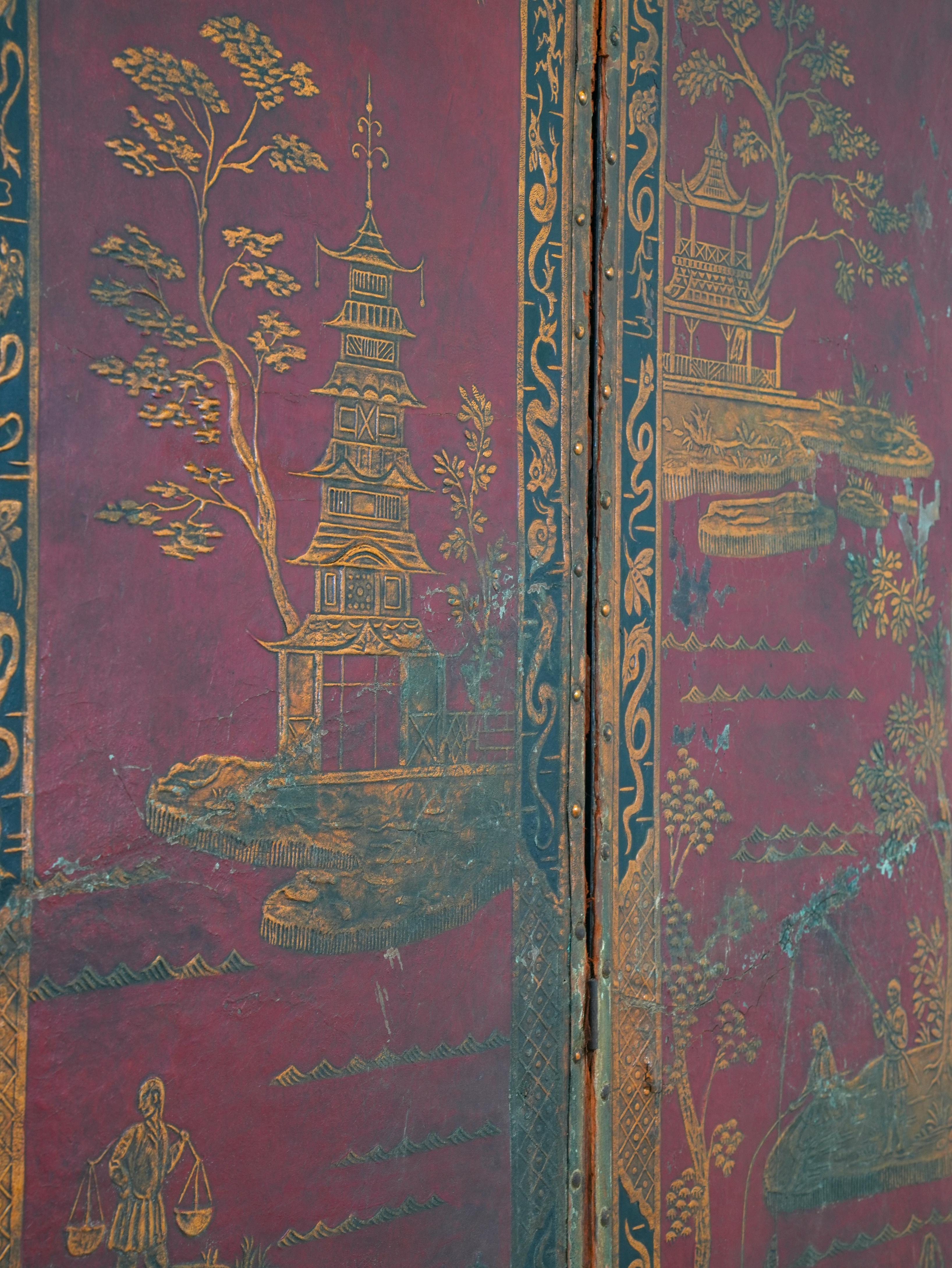 19th Century Leather Chinoiserie Room Screen 13